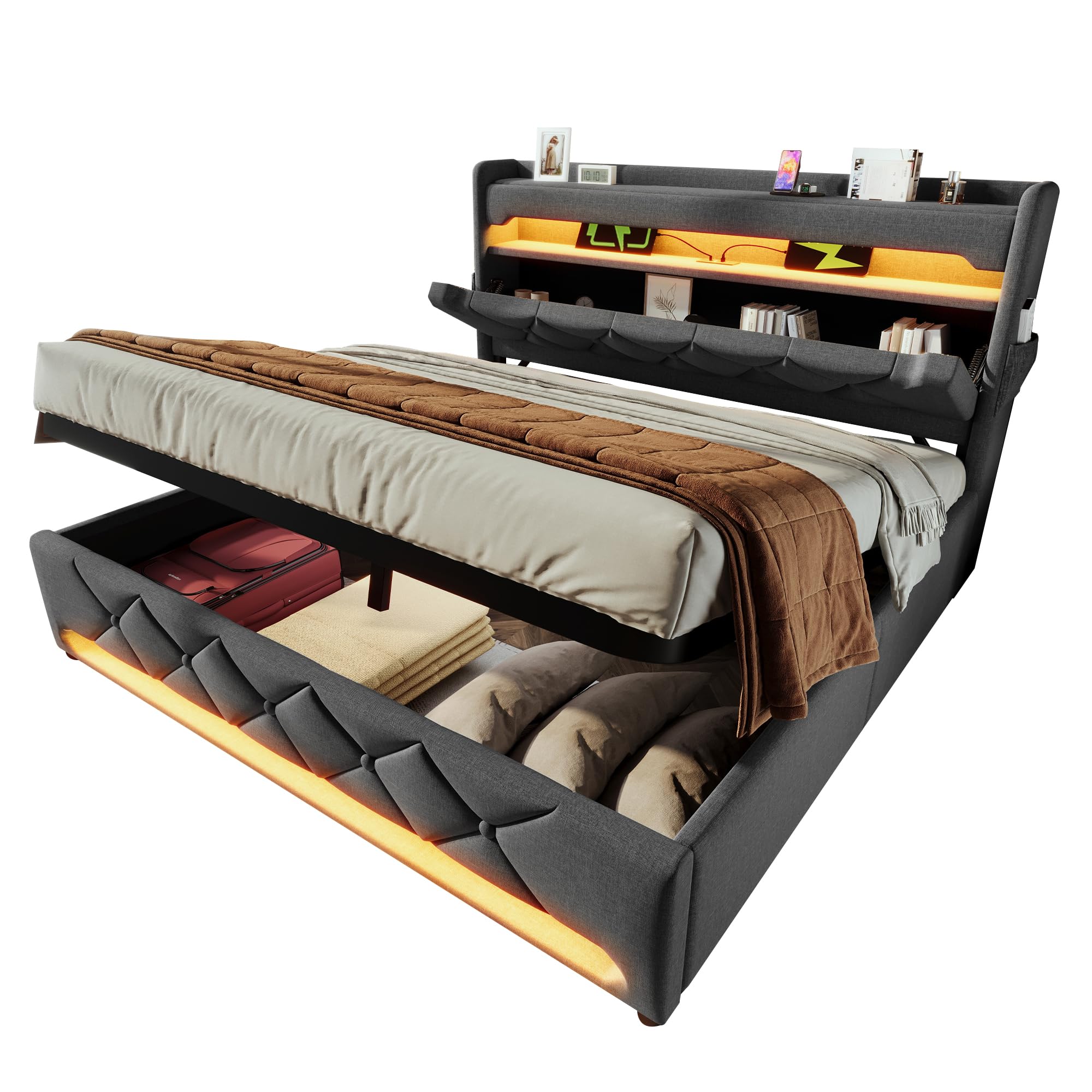Polsterbett 180x200 Doppelbett, Stauraum-Kopfteil mit USB- und Typ-C-Anschlüssen, LED-Beleuchtung am Kopf- und Fußende des Bettes, mit Hydraulischem Stauraum, Leinen (Grau 1, Ohne Matratze, 180x200CM)