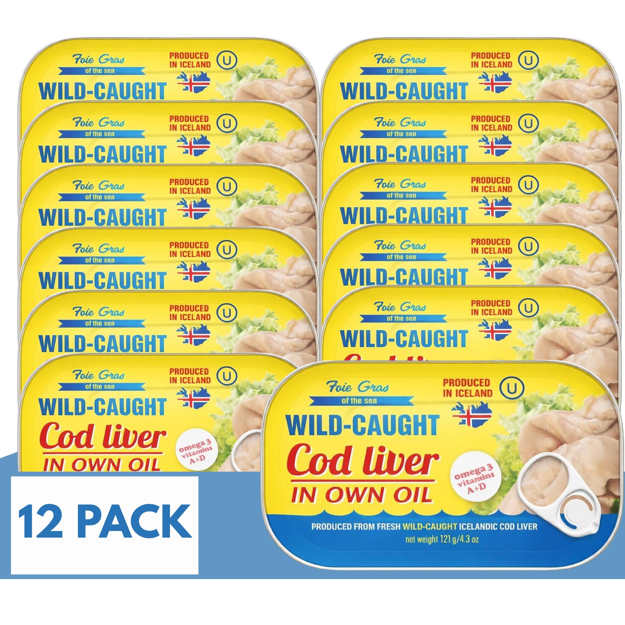 Foie Gras of the Sea Icelandic Wild Caught Cod Liver - Canned in Own Oil, 4.3 oz (Pack of 12) - Premium Gourmet Seafood, Rich in Omega-3, Kosher