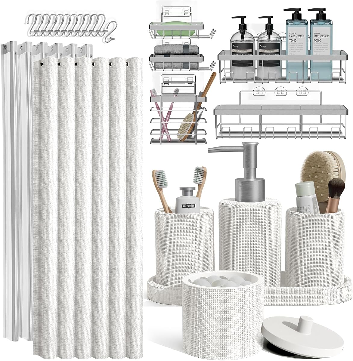 Clara Clark Juego de baño – Juego de accesorios de baño blanco, juego de accesorios de baño de 24 piezas, juegos de baño con cortina de ducha, organizador de ducha de esquina adhesivo para colgar y dispensador de jabón