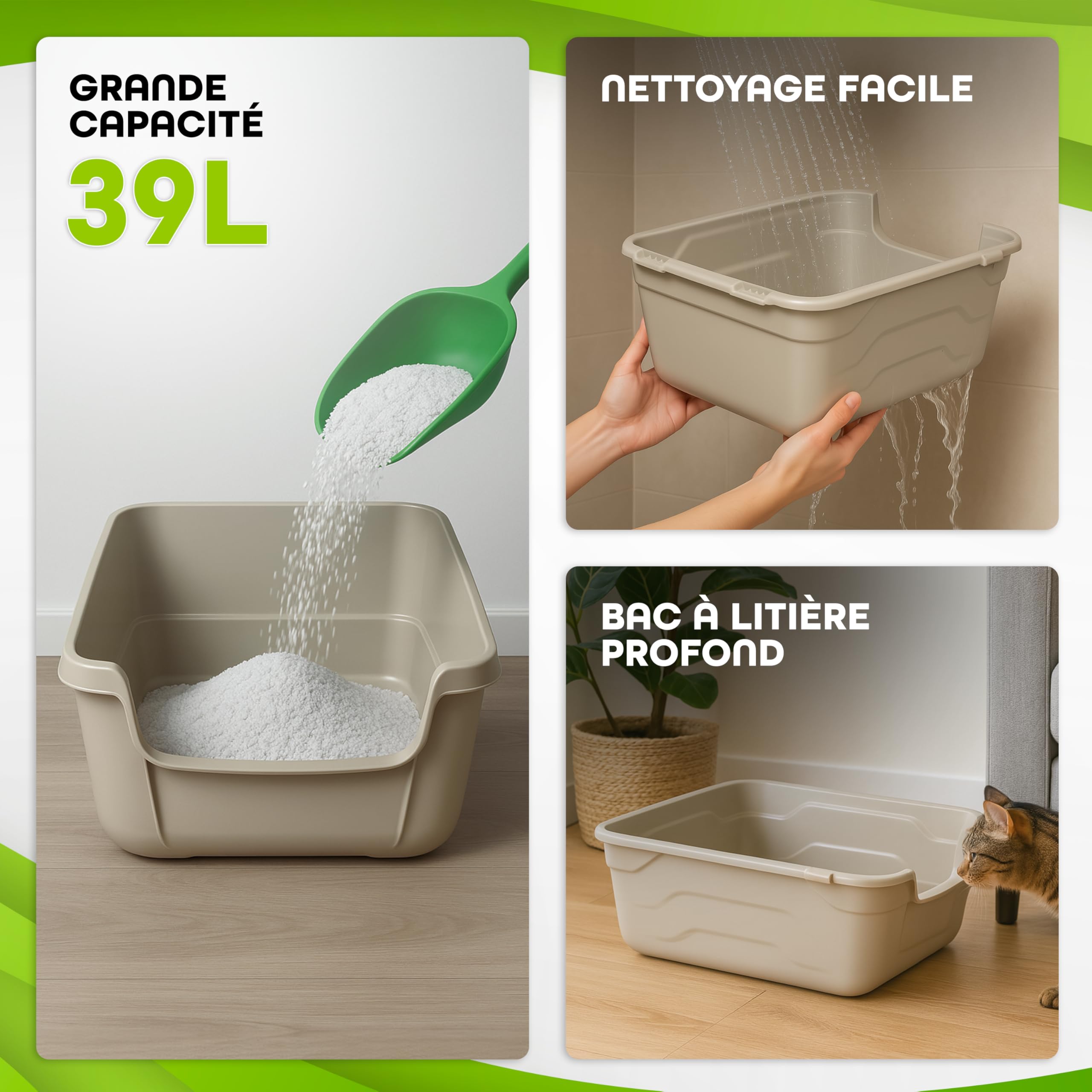 Bac à Litière pour Chat avec Bords Hauts - L - Litière Ouverte - Facile à Nettoyer - Gris 50 x 38,5 cm