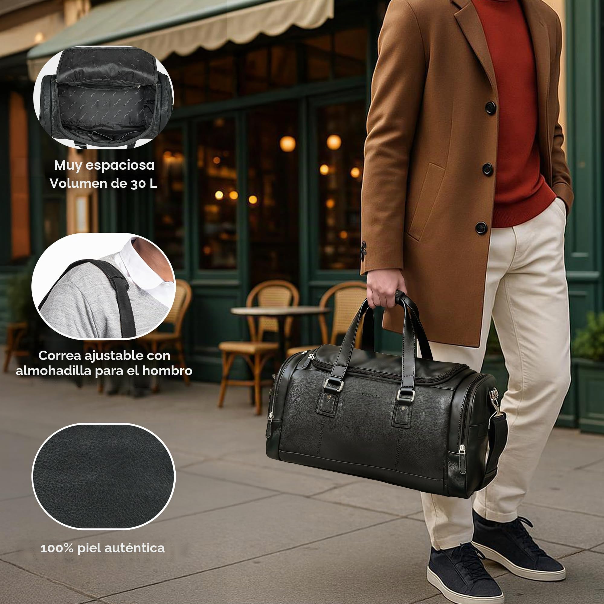 STILORD Salvador Bolsa de Viaje Hombre de Cuero con Compartimento para Zapatos Duffle Bag 30L – Pequeño Equipaje de Mano Travel Bag Piel Autentica para Viaje y Deporte Color:Negro