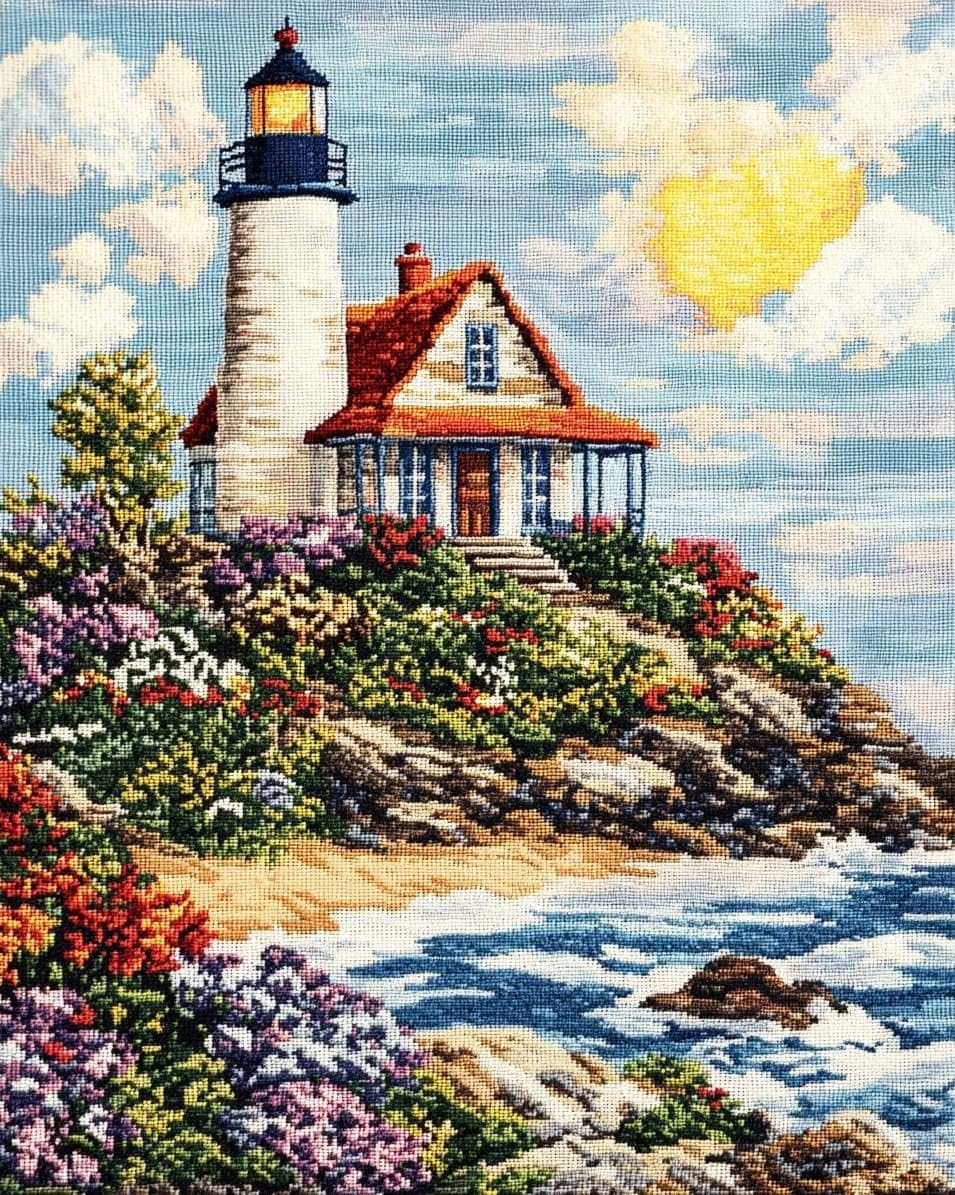 WallustrioaW 11CT Stamped Cross Stitch Kits,Lighthouse Hut,DIY Cross Stitch Ornament for Adults Beginners,Embroidery Kits Home Decor,40x50cm