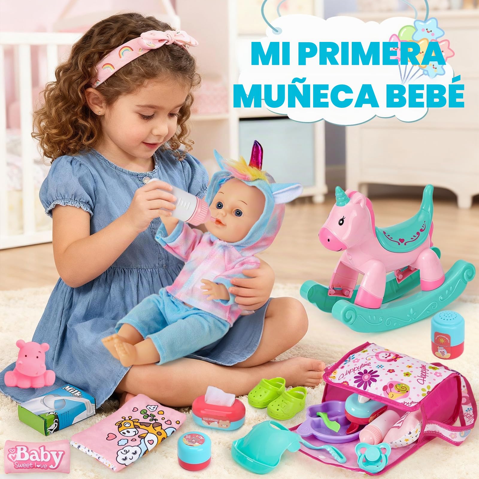 vamei Accesorios Muñecas Bebe para Niñas, Accesorios Bebe Juguete Juego de Rol, con Muñeca & Cochecito & Caballo Balancín & Bolso & Ropa de Muñeca, Cumpleaños Juguetes Regalo Niña Niños 2 3 4 5 6 Años