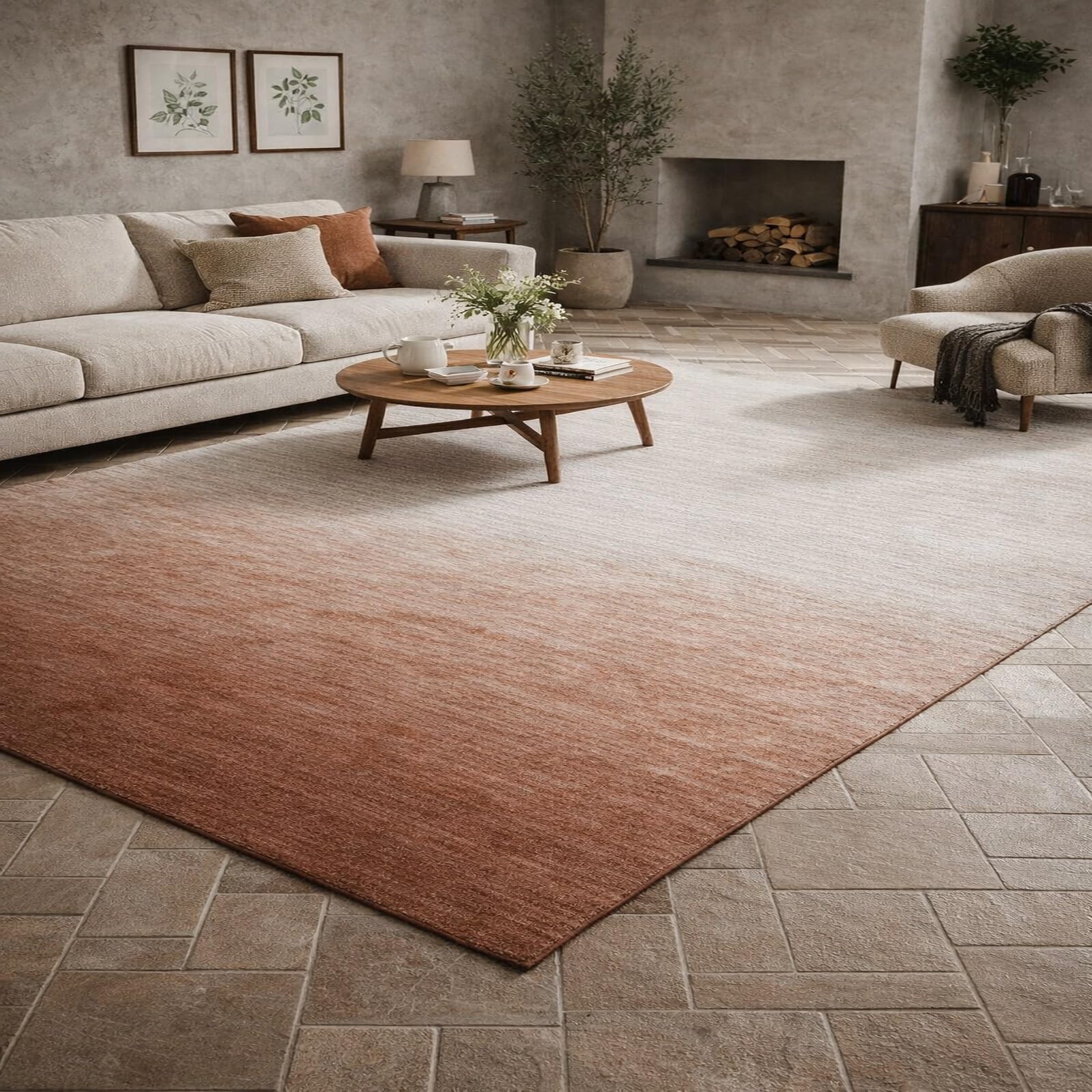 Tapis salon beige marron rouge 150x150 cm lavable pour chambre