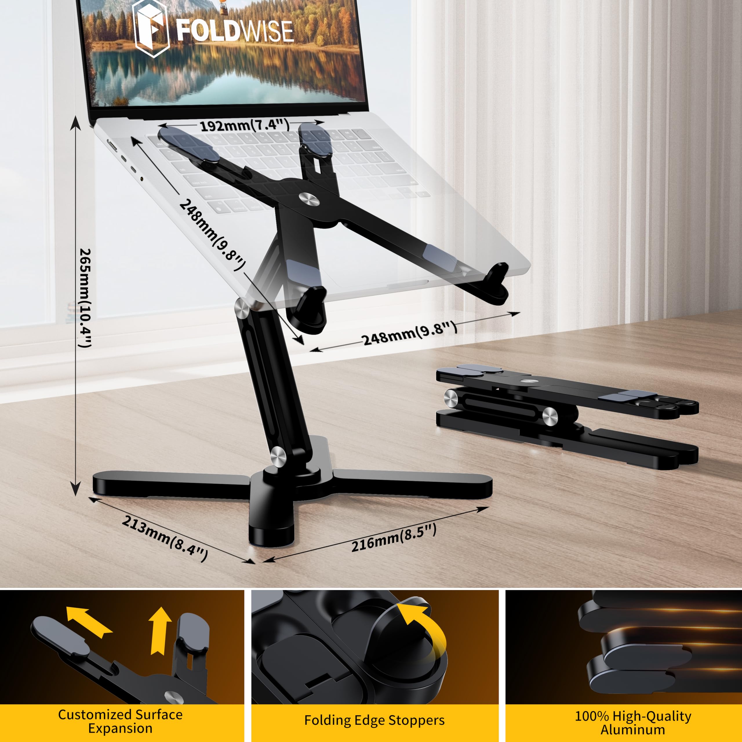 FoldWise X Supporto per Laptop da Scrivania - 100% Alluminio, Base Rotante a 360°, Pieghevole, Altezza & Angoli Regolabili - Riser Robusto & Portatile per MacBook e Laptop da 11-18''