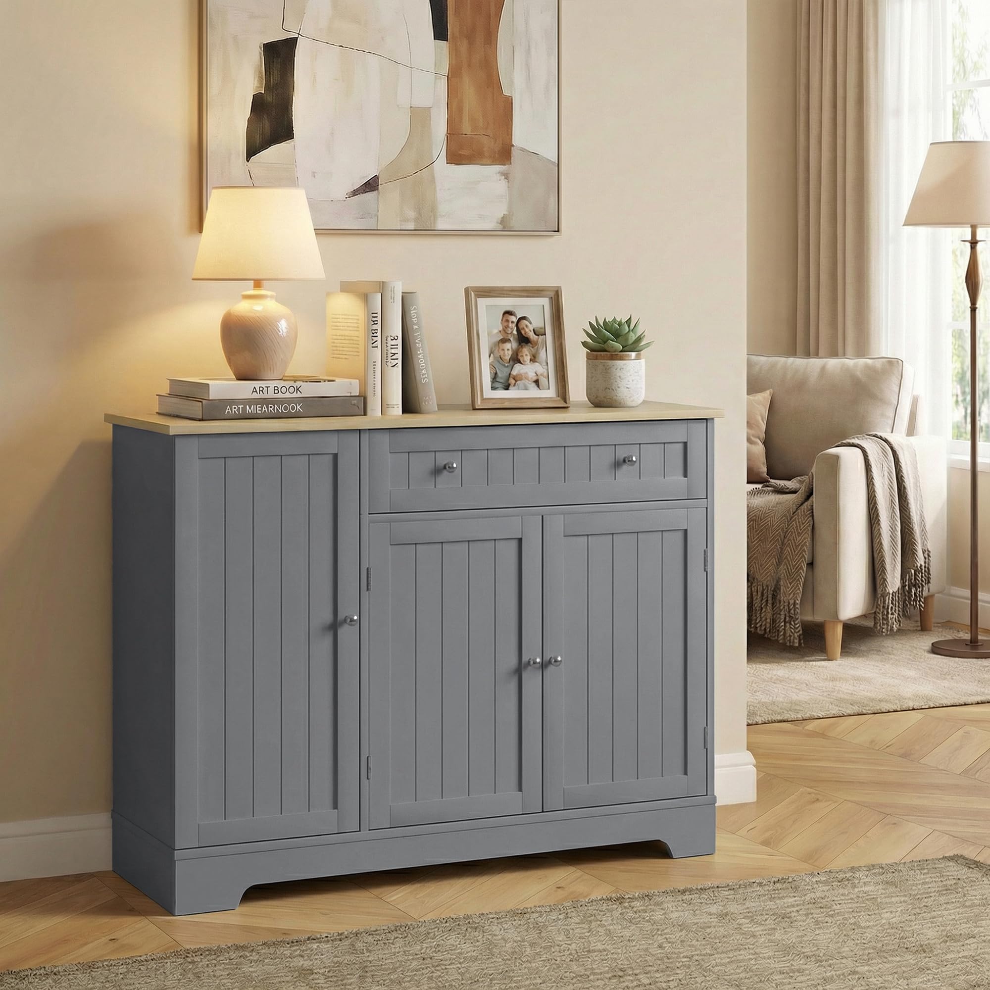HOMCOM Aparador de Cocina, Armario de Cocina con 3 Estantes de Puerta, 1 Cajón, Estantes Ajustables, Aparador para Comedor, 105x40x83 cm, Gris