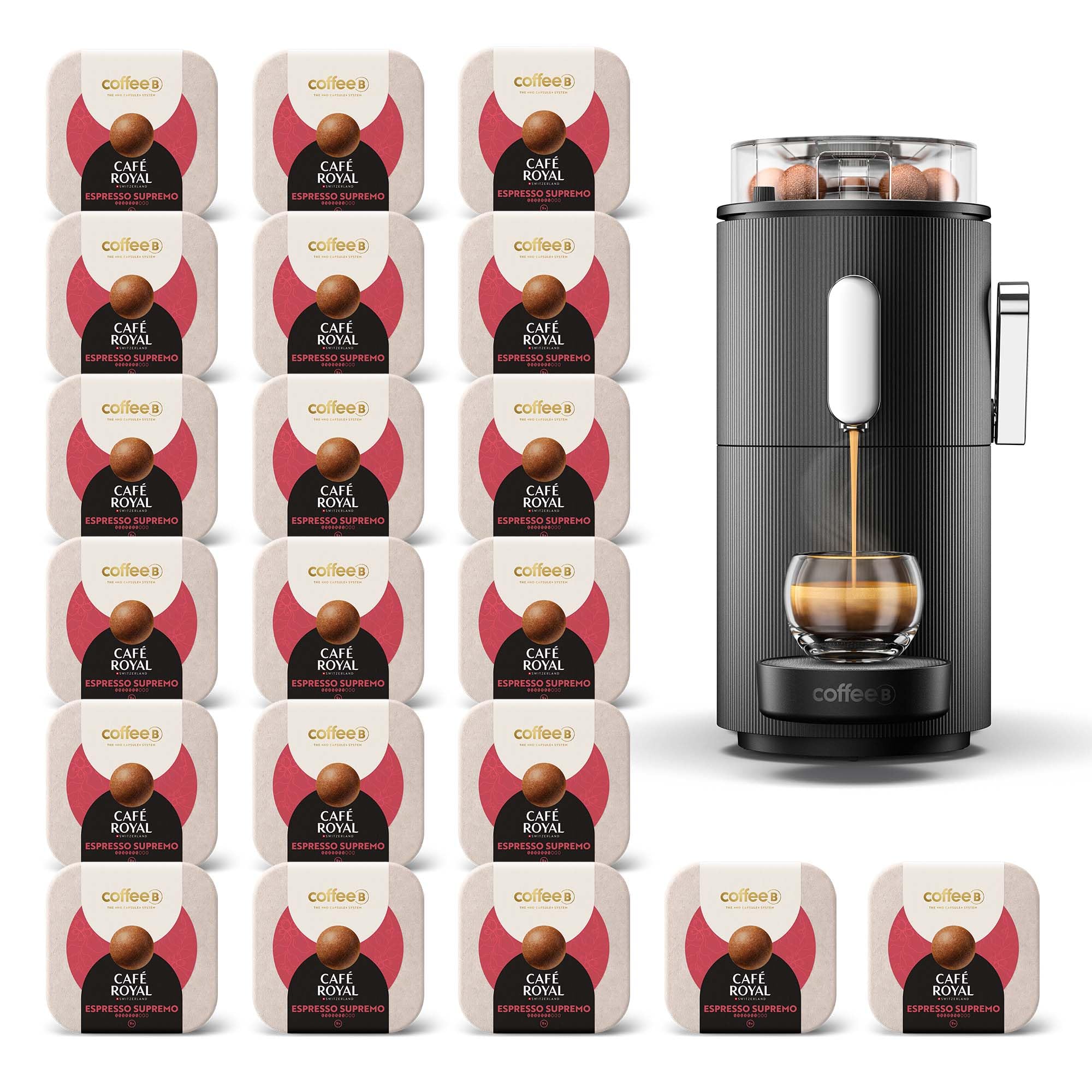 CAFE ROYAL SWITZERLAND PROFESSIONAL Machine à Café CoffeeB Globe Noir 1.3L avec 180 Coffee Balls Espresso Supremo - 100% Compostables