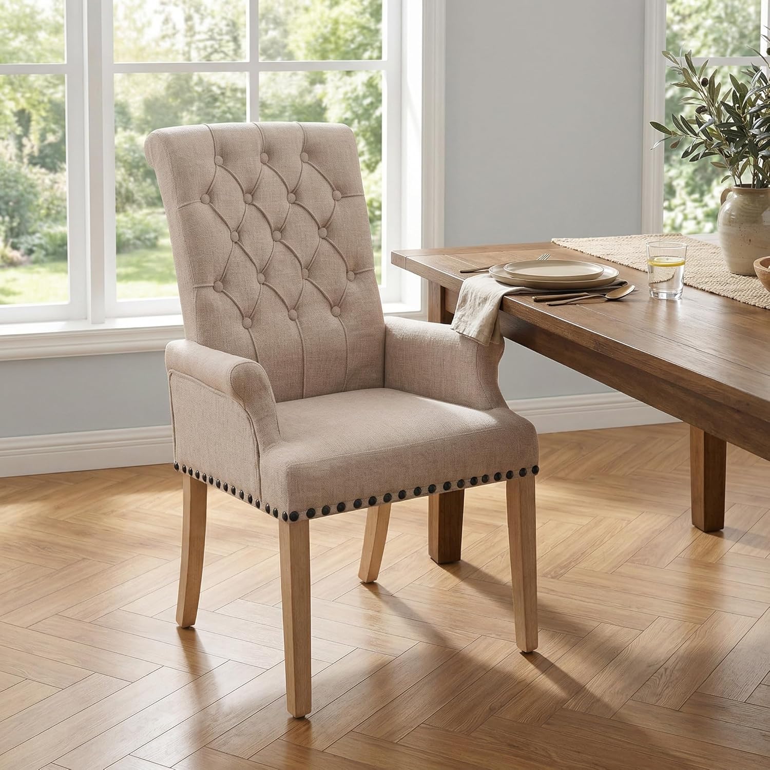 Modern Backrest Cushioned Dining Chair, Button Decorated Armrest Linen Chair with Oak Leg Suitable for Dining Room and Bedroom (Smoke Grey)