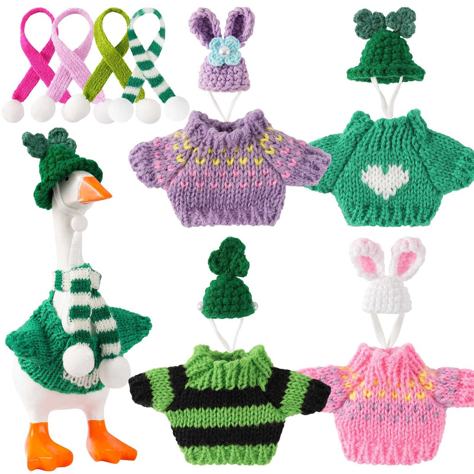 Eghunooye 7 Inch Desk Goose Figurine Outfits Adorable Mini Goose Costume with Sweater Hats Scarves for Parties Home Decor (Light Green, 7inch)