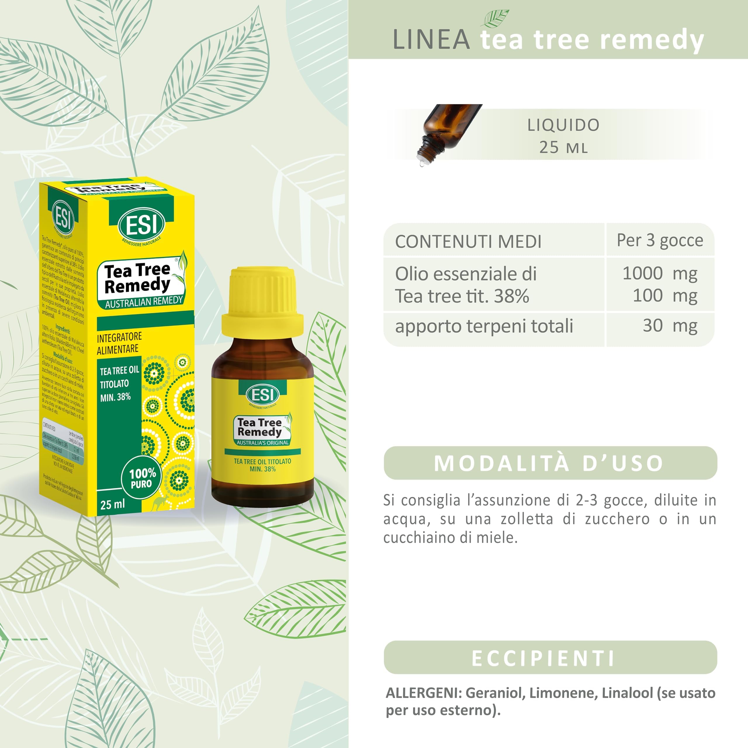 ESI - Tea Tree Remedy Oil, Olio Biologico, Integratore Alimentare, Migliora la Resistenza Fisiologica a Severe Condizioni Ambientali, Supporta le Prime Vie Respiratorie, Senza Glutine e Vegan, 25 ml
