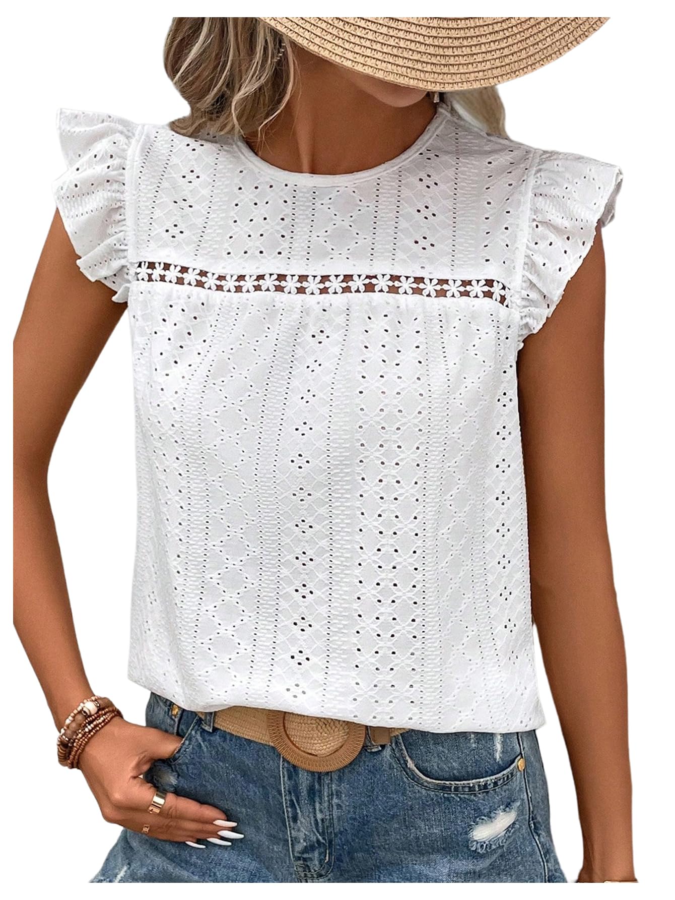 Floerns Women's Eyelet Embroidery Ruffle Cap Sleeve T Shirt Crew Neck Vacation Elegant Tee Top
