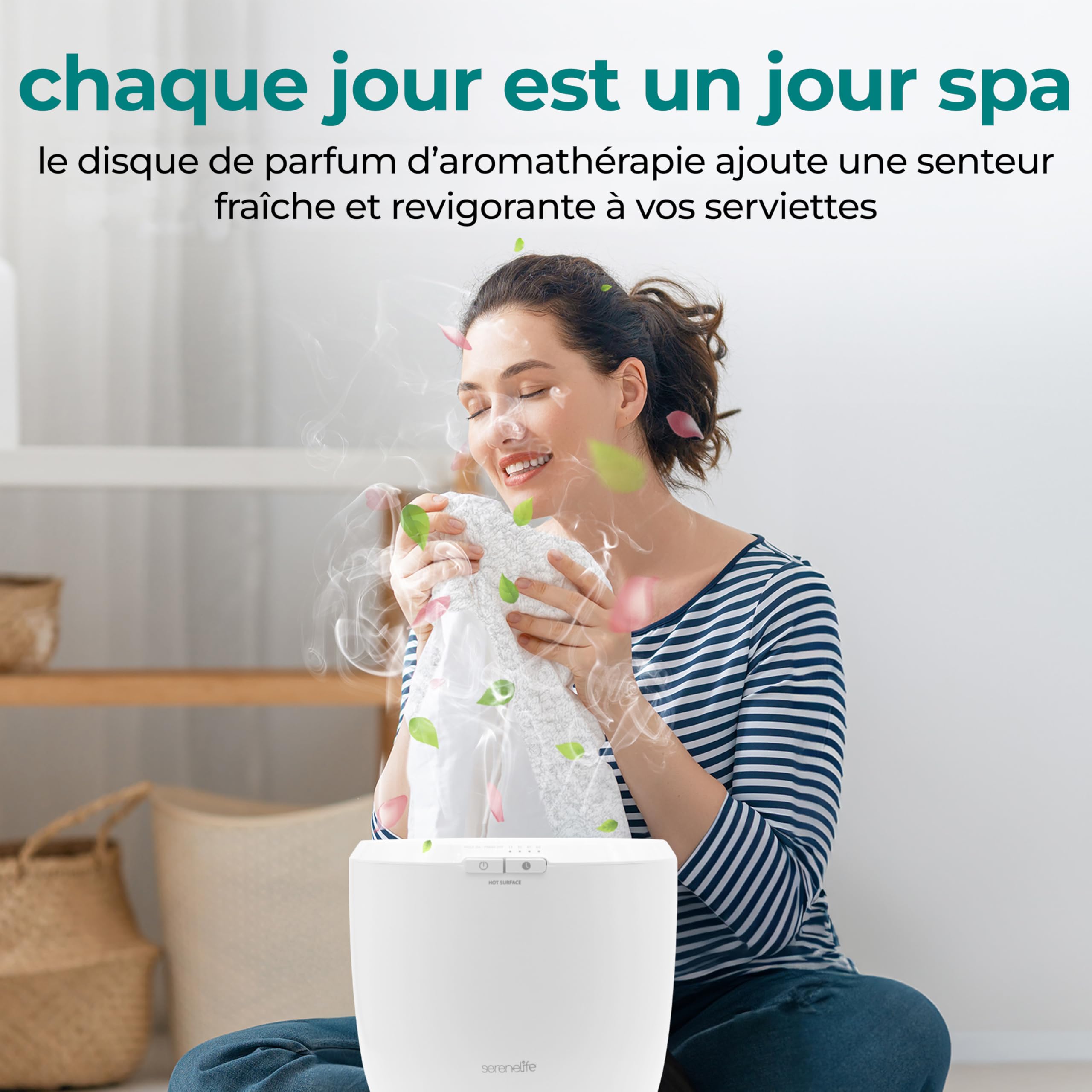 SereneLife Chauffe-Serviettes de Luxe pour Salle de Bain – Seau Chauffant avec Arrêt Automatique et Support pour Disque Parfumé – Chauffe 1 Grande Serviette – Design Compact ABS Naturel