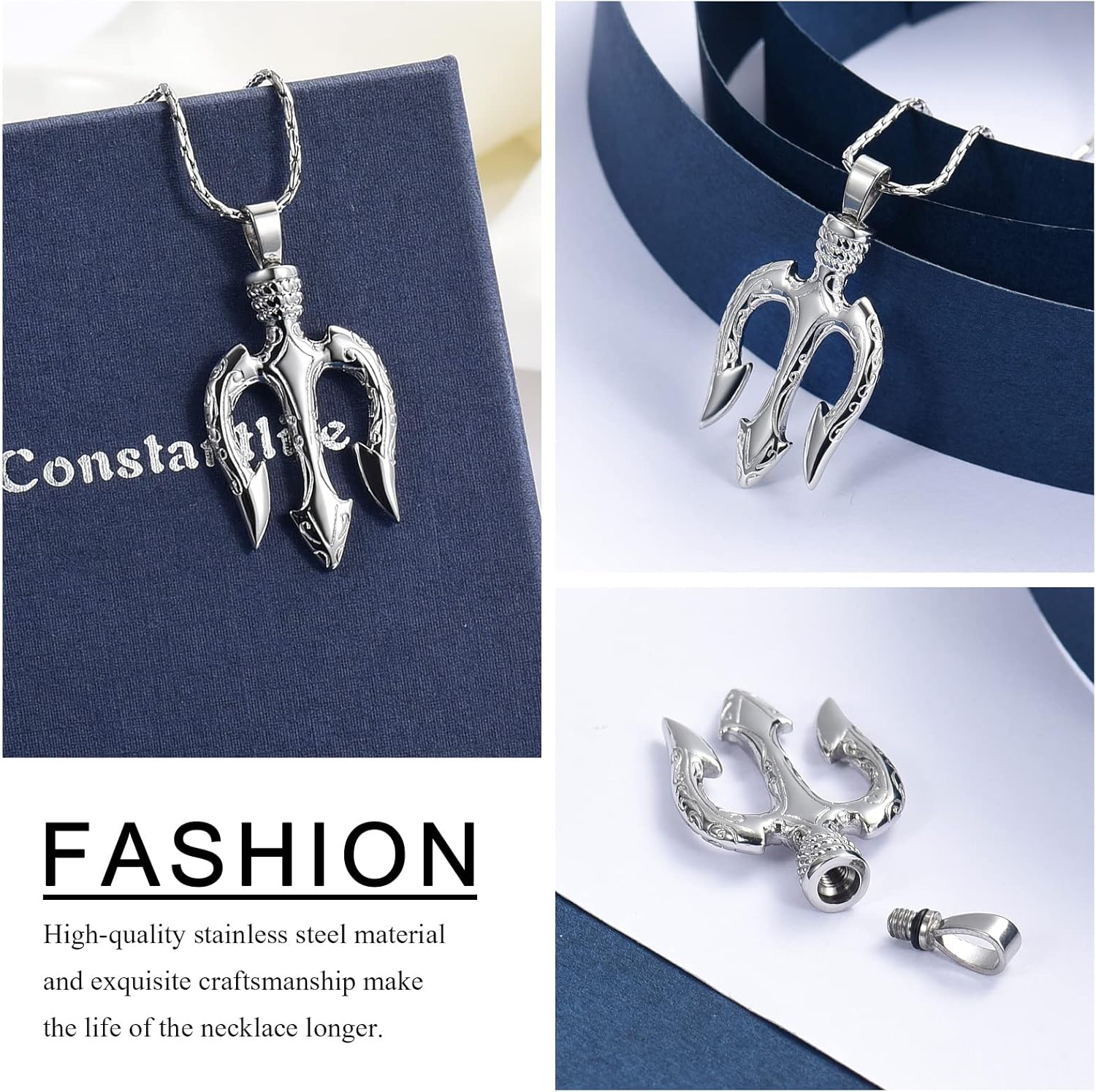 constantlife Poseidon Trident Pendant Urn Necklace for Ashes Stainless Steel Ancient Greece Amulet Keepsake Cremation Jewelry Memorial Gift for Men Women