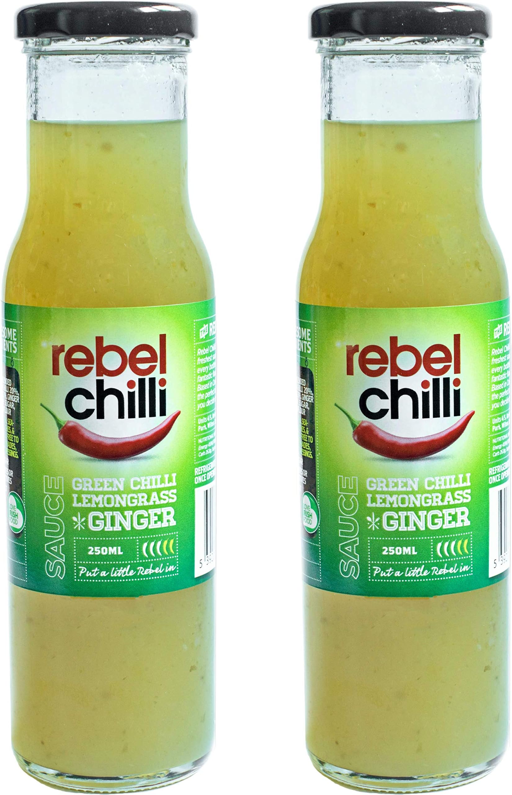 Rebel Chilli Green Sweet Chilli Sauce - Sweet Chilli Dipping Sauce with Lemongrass & Ginger - Low Calorie, Low Sugar and Low Salt - Gluten Free - No Additives or Preservatives - 2 x 250ml Bottles