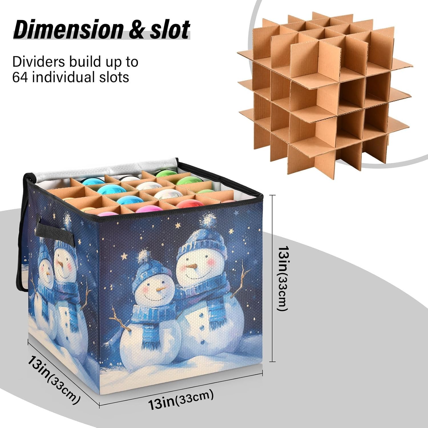High Capacity Christmas ornament organizer storage Holds Up to 64, Adjustable Dividers, Zippered Top, Two Handles sturdy Holiday Storage Case with Lid,Snowmen Blue Iilustration