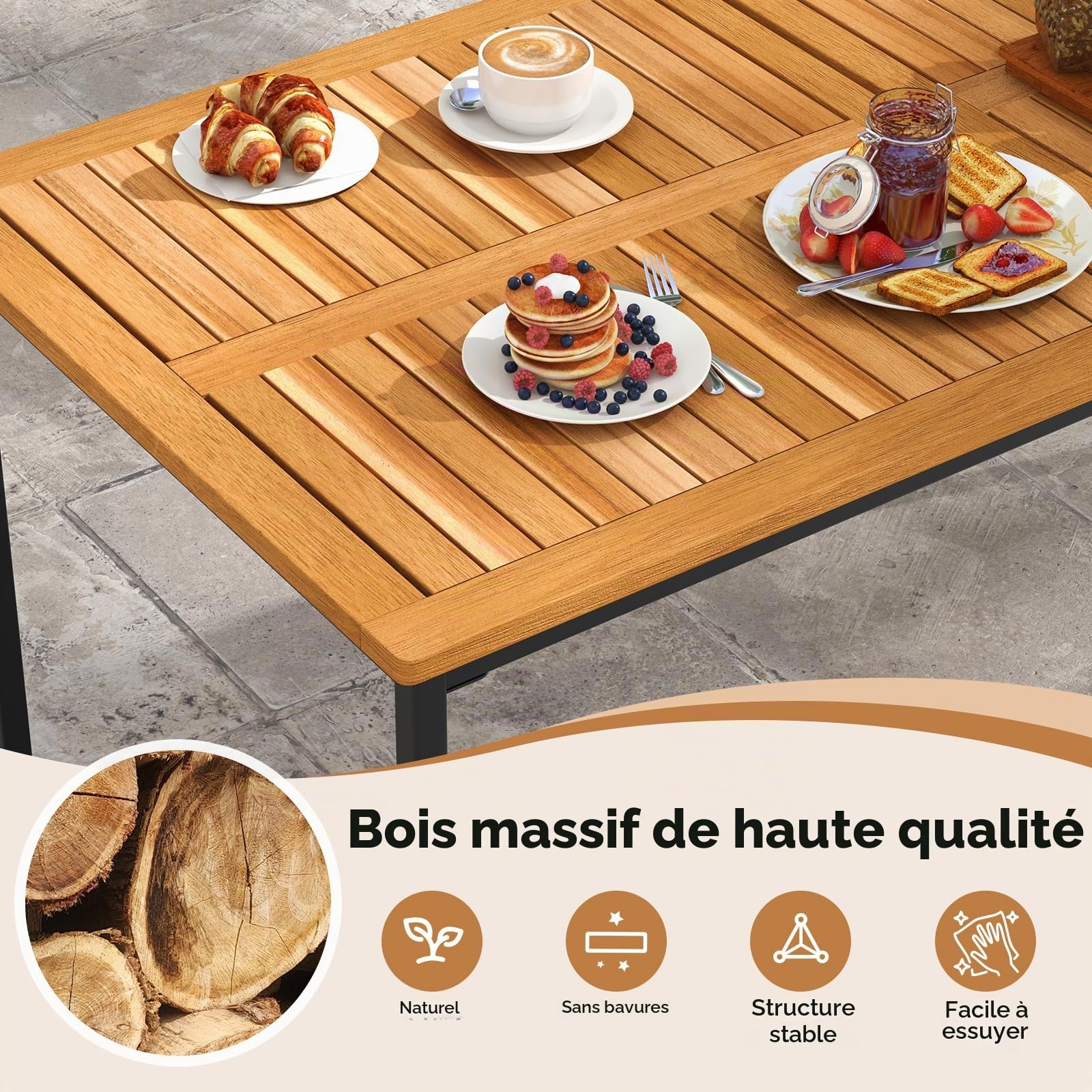 KOMFOTTEU Table à Manger de Jardin avec Trou pour Parasol, Table à Manger en Bois d'acacia pour 6 Personnes, 140 x 70 x 73 cm, Extérieur & Intérieur, Tables de Cour avec Jambes en Métal