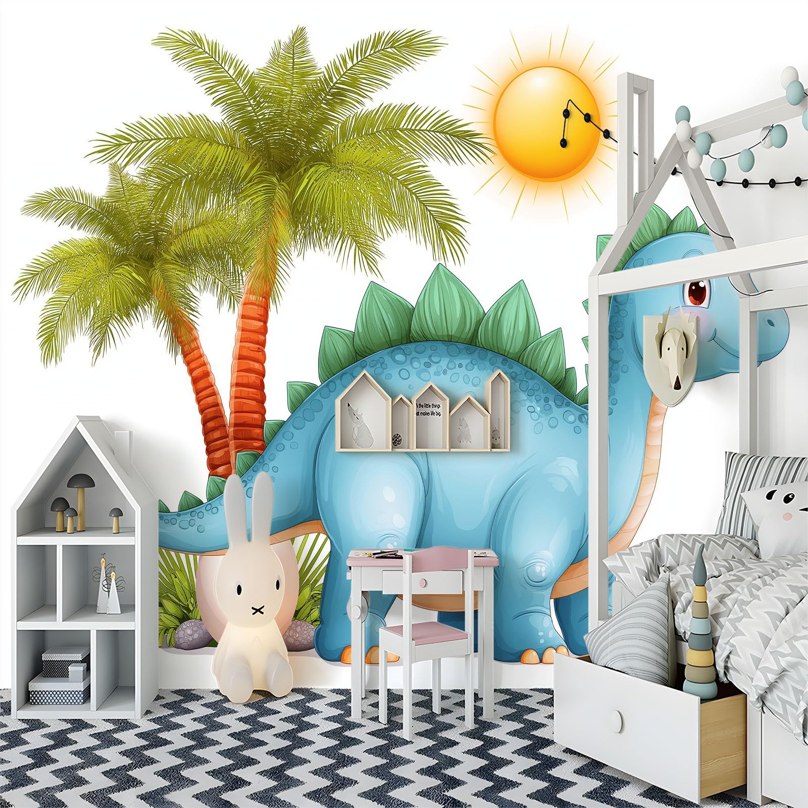Panoramiczna tapeta Kreskówkowy dinozaur, biała włóknina ścienna tropikalne rośliny 350 x 256 cm dekoracja ścienna plakat obrazy ścienne - obraz 3D gobelin do salonu pokój dziecięcy