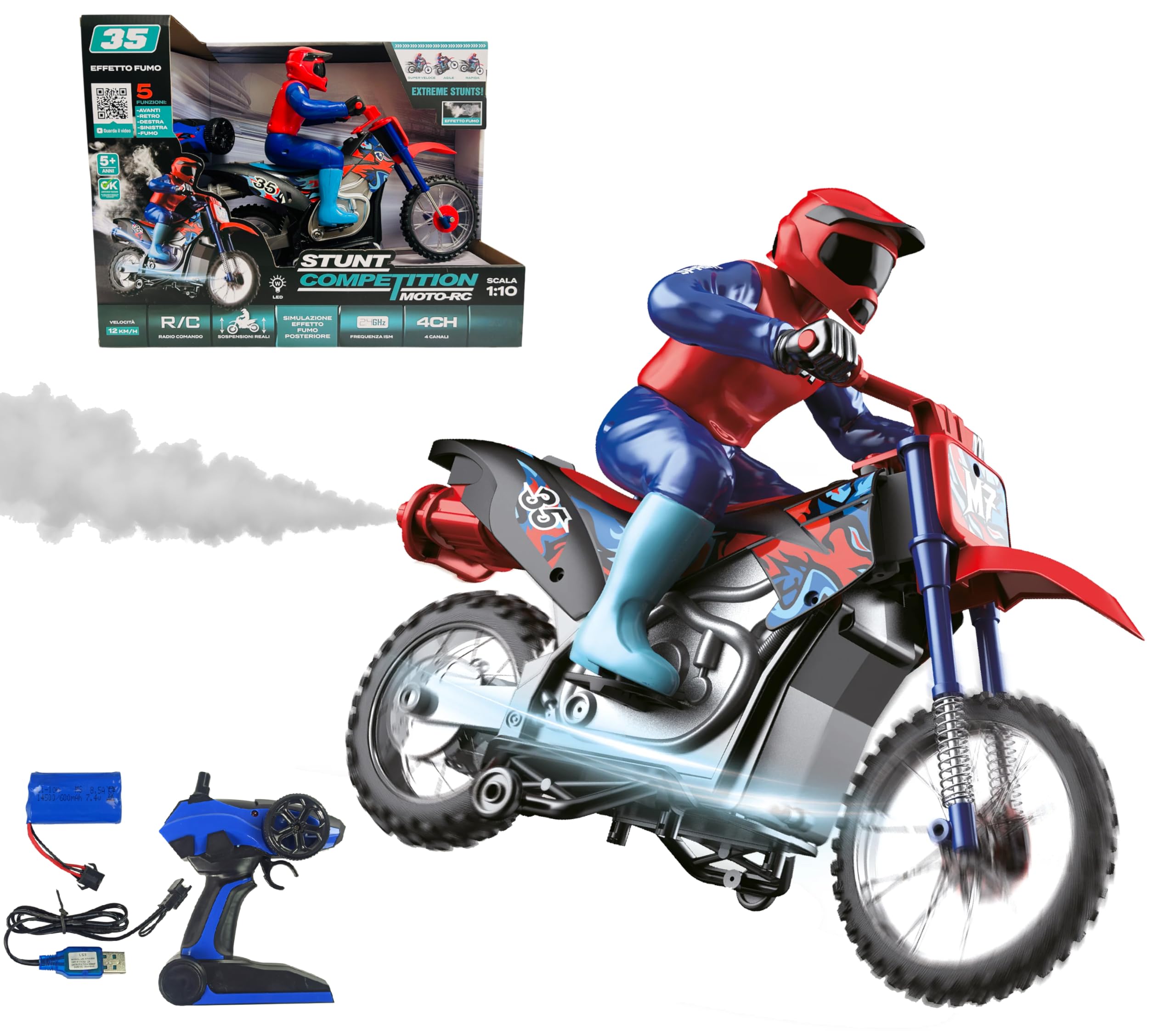 Moto Radiocomandata Gigante per Bambini Moto con Pilota Telecomandata MotoCross con Effetto Fumo Marmitta Maxi Scala 1:10 con Luci Battery Pack Sprint Super Veloce Motocicletta Acrobatica Drifting