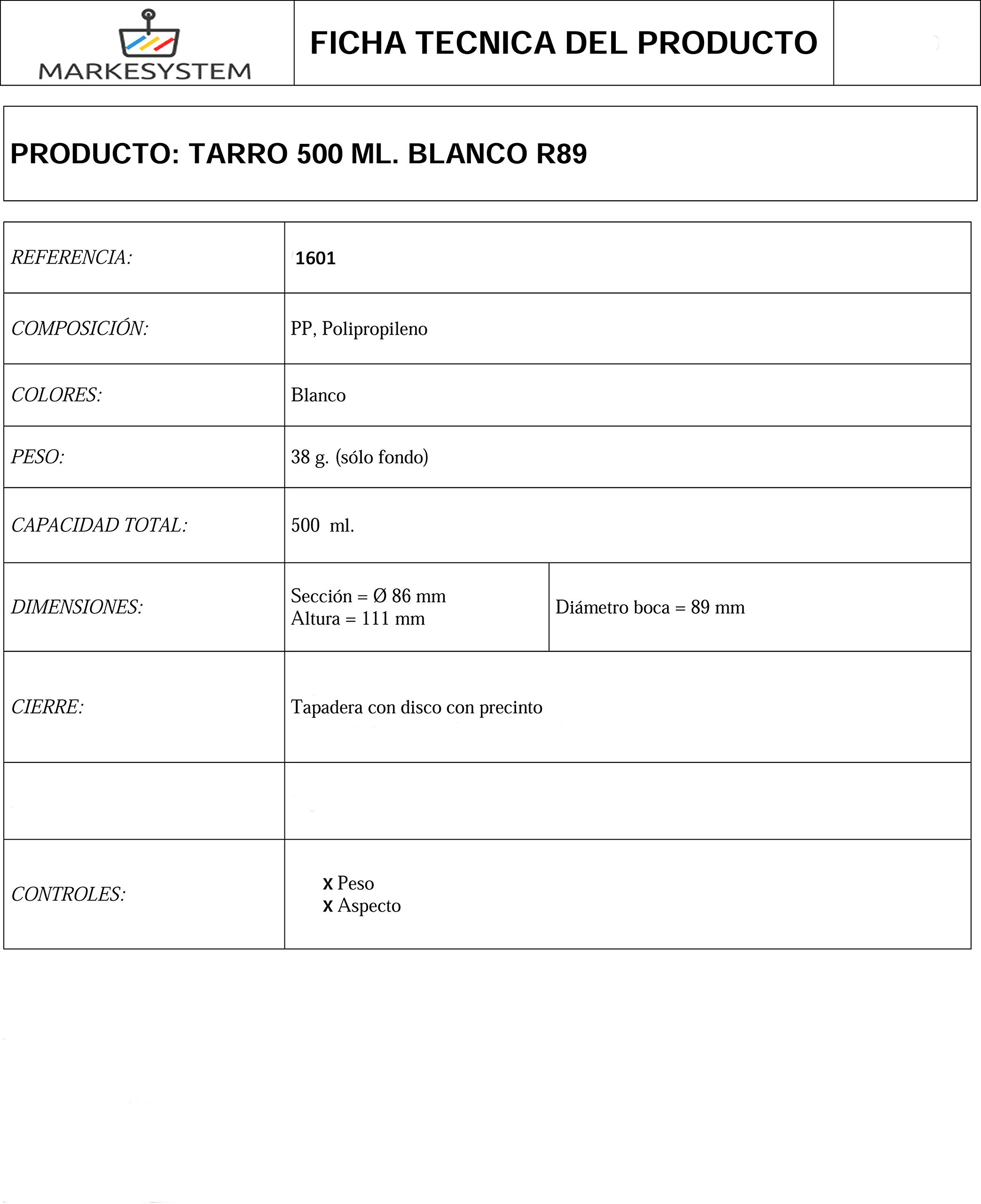 Bocal blanc 500 ml avec disque et scellé de sécurité - (PACK 5 TARROS) - Couvercle à visser - Récipient usage alimentaire, cosmétique et industriel + Kit étiqueté