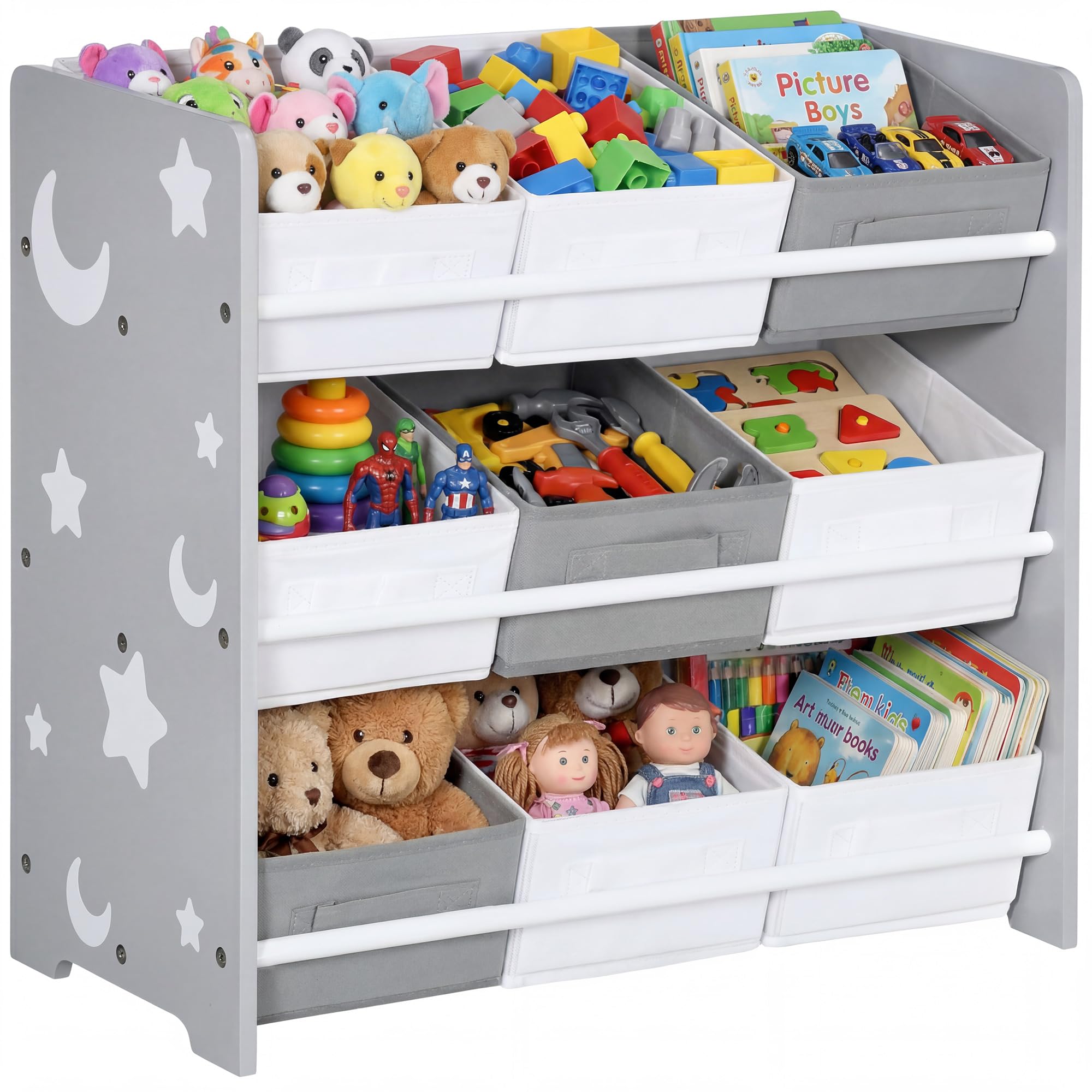 ZONEKIZ Kids Storage Unit Toy Box Organiser Bookshelf w/Nine Removable Baskets, for Bedroom, Nursery, Playroom - Grey
