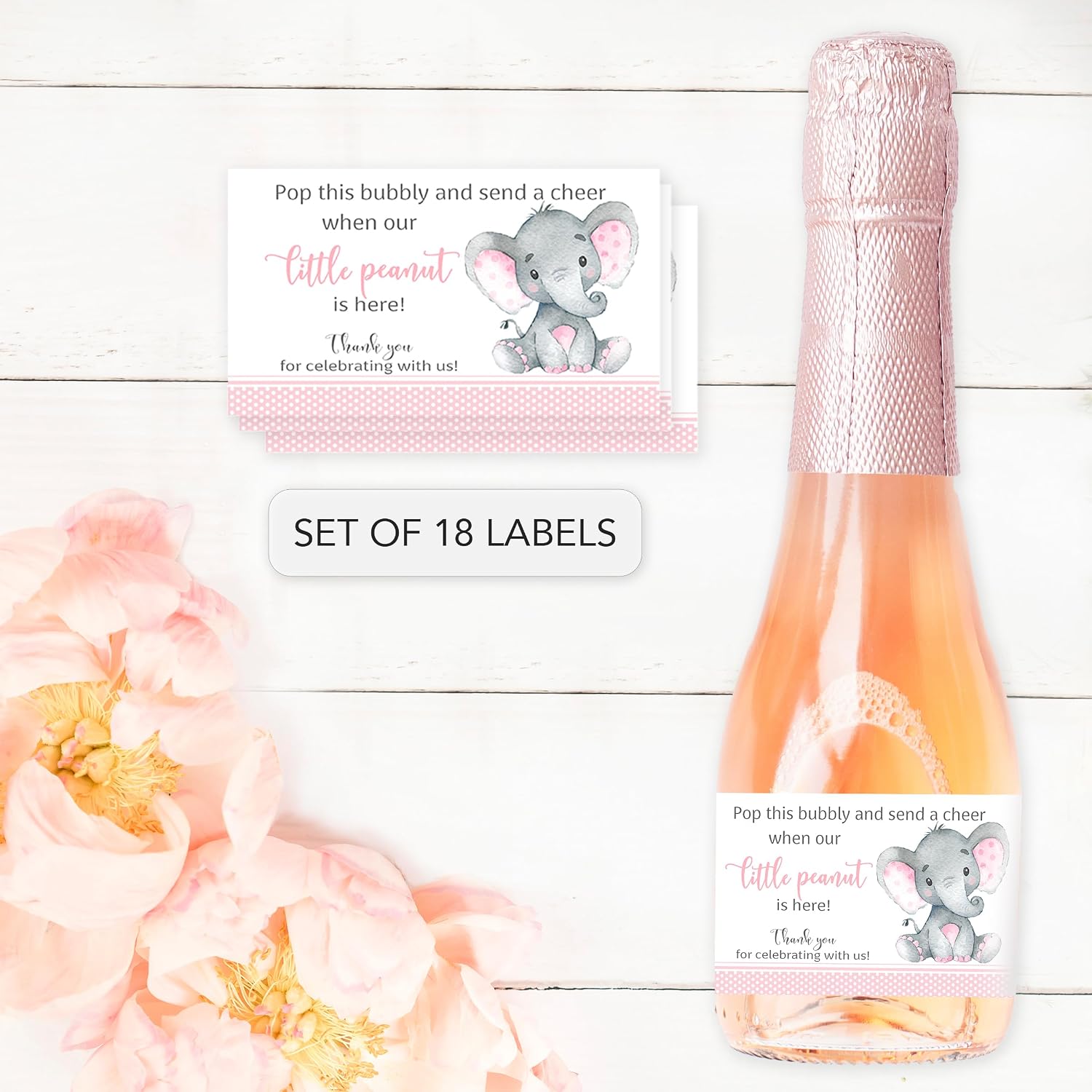 Set of 18 Mini Champagne Bottle Labels for Girl Baby Shower Favors – Pink Little Peanut Elephant, Baby Sprinkle, Gender Reveal & Sip and See Party M500-E-18 image 5