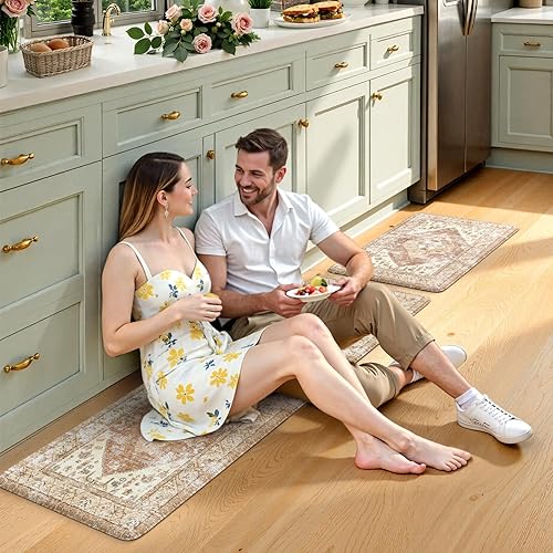 Vista 7 de KIMODE - Juego de 2 tapetes de cocina bohemios, antifatiga, antideslizantes, impermeables, ergonómicos, acolchados, cómodos, para lavandería, Caqui