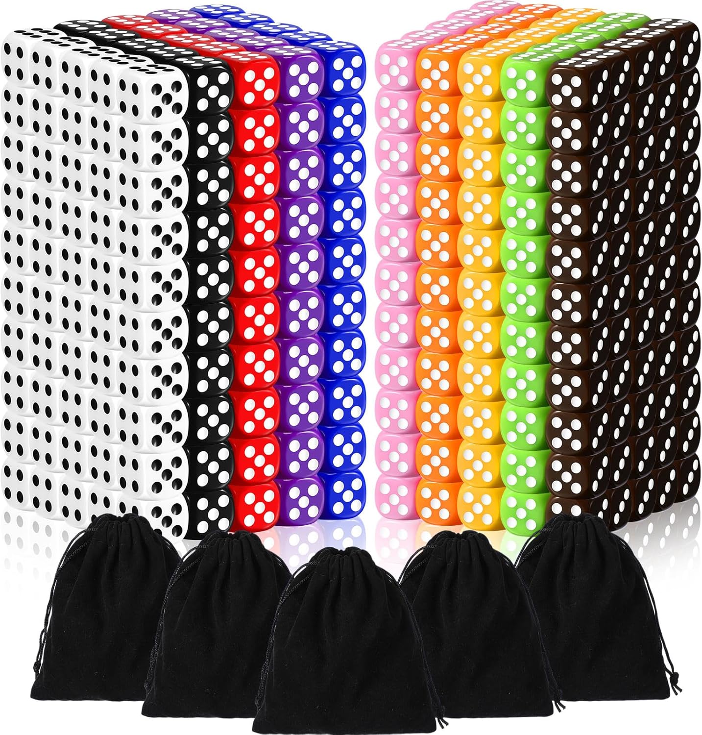 Syhood 500 Pieces 16mm Colored Dice Bulk 6 Sided Dice Set with 5 Pieces Drawstring Pouches Standard Play for Teaching Math Learning Board Dices Playing 10 Colors