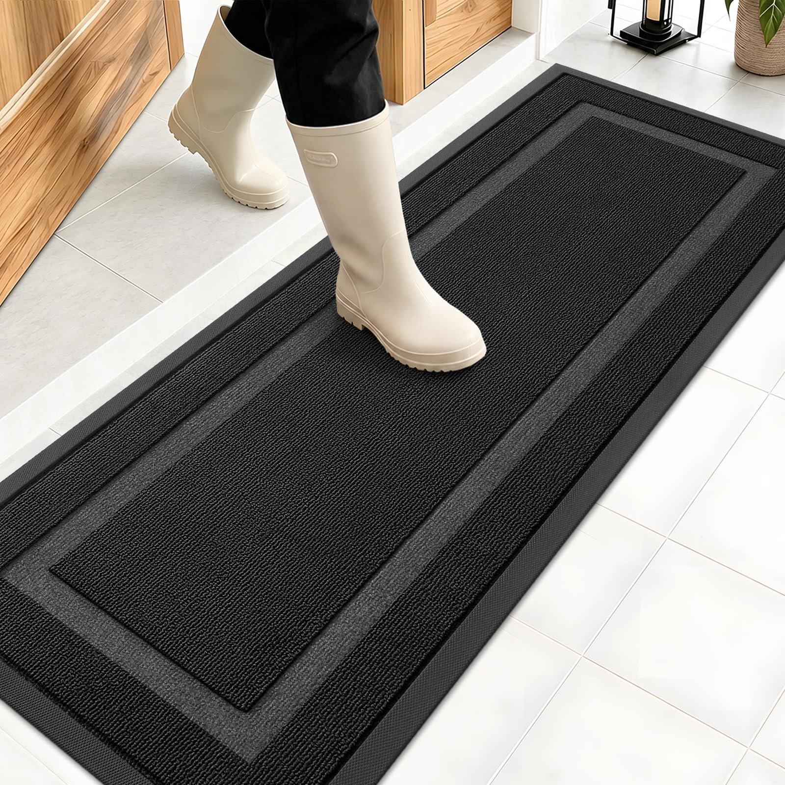 OLANLY Front Door Mat Outside 47x17, All-Season Heavy-Duty Rubber Doormat | Jet Black, Absorbent, Stain Fade Resistant, Waterproof Non-Slip Backing, Low-Profile Indoor Outdoor Floor Mat for Entryway