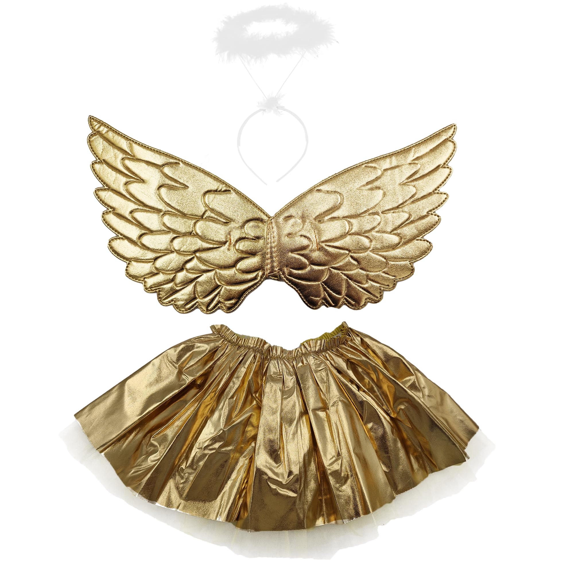 Carnavalife 3pcs Disfraz Angelitos para Niños Metalizado Brillante, Disfraz Angel Bebe, Alas Angel + Corona Angelito Niña + Tutu Metalizado para Halloween y Carnaval