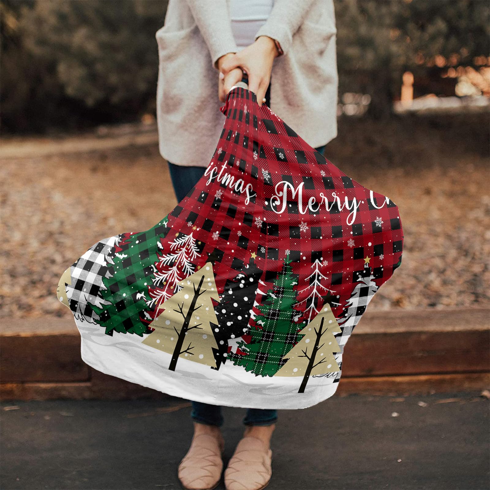 Nursing Cover for Breastfeeding Scarf, Red Buffalo Plaid Xmas Tree Snowflake Christmas Baby Car Covers Super Soft Multi Use for Canopy Shopping Cart Cover Blanket Stroller Cover