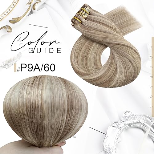 Miniatura 7 de Moresoo Extensiones de cabello humano Remy con pinzas, sin costuras, trama con poliuretano,rubio, 7 piezas, 4.23 oz, 14 pulgadas