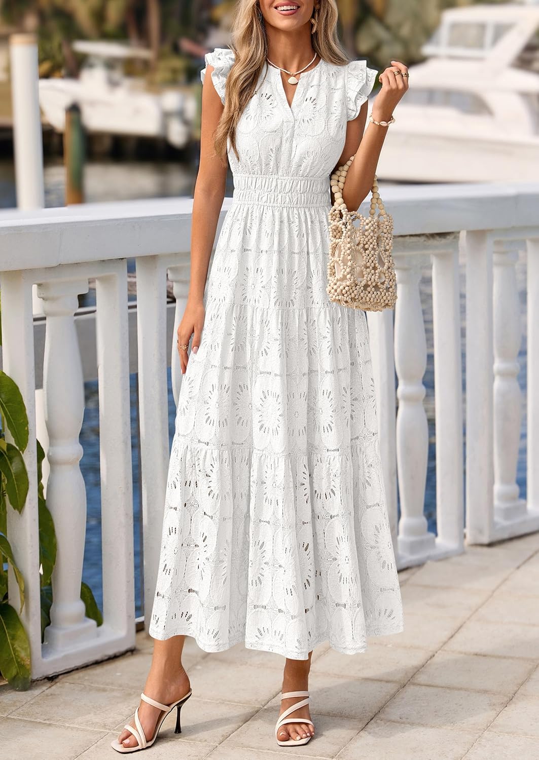 PRETTYGARDEN Womens Boho Maxi Dresses 2026 Summer Floral Lace Eyelet V Neck Spring Wedding Guest Dress Beach Vacation Clothes