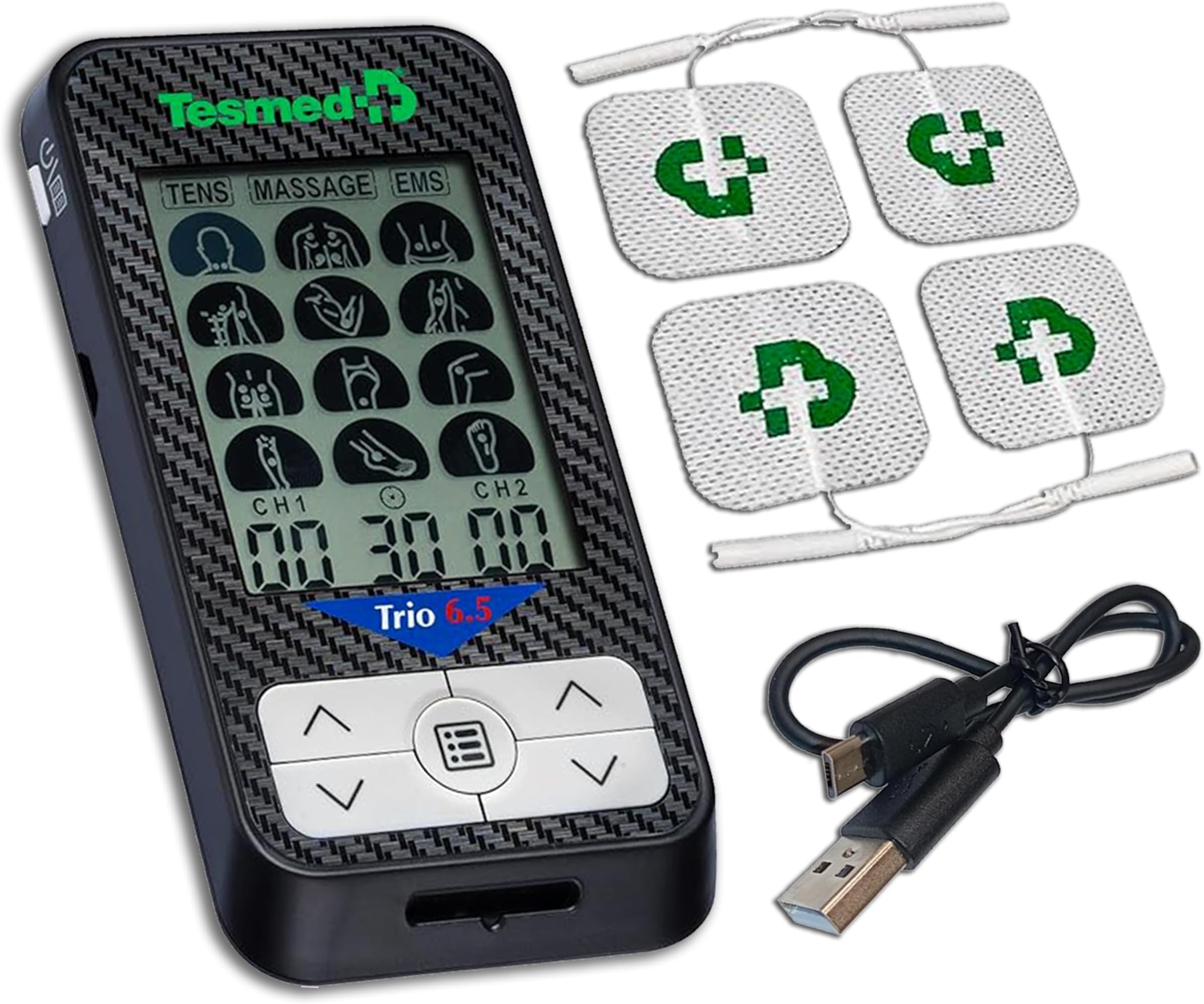 TESMED Trio 6.5: USB-Rechargeable TENS Machine for Pain Relief & EMS Muscle Stimulator, 36 Programs, 40 Intensity Levels, 4 Electrodes - EMS, TENS, and Massage - Ideal for Fitness and Pain Therapy
