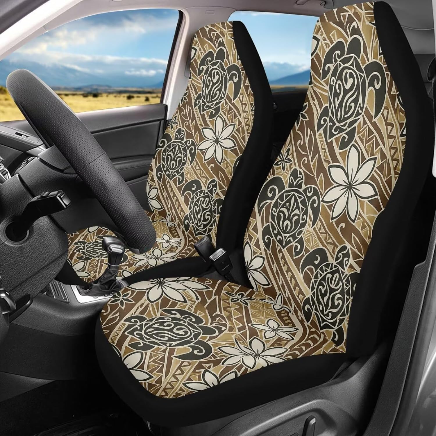 Bulopur Sea Turtle Car Front Seat Covers Full Set Polynesia Floral Auto Seat Covers Stretchable Polyester Automotive Cushion Cover Soft Breathable Auto Interior Decorations