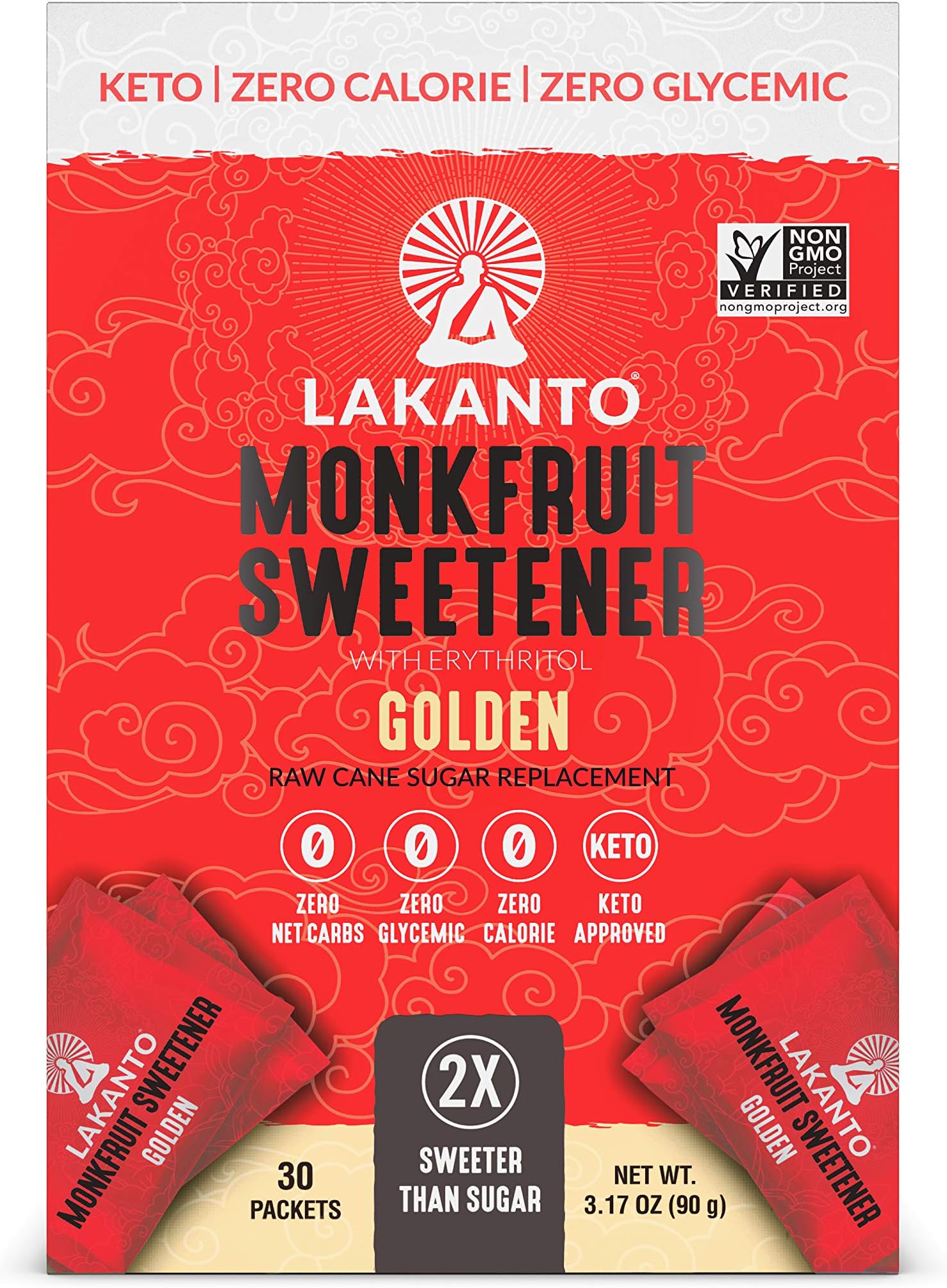 Monkfruit Sweetener, Golden Raw Cane Sugar Replacement Sweetener, 90g, 30 packets