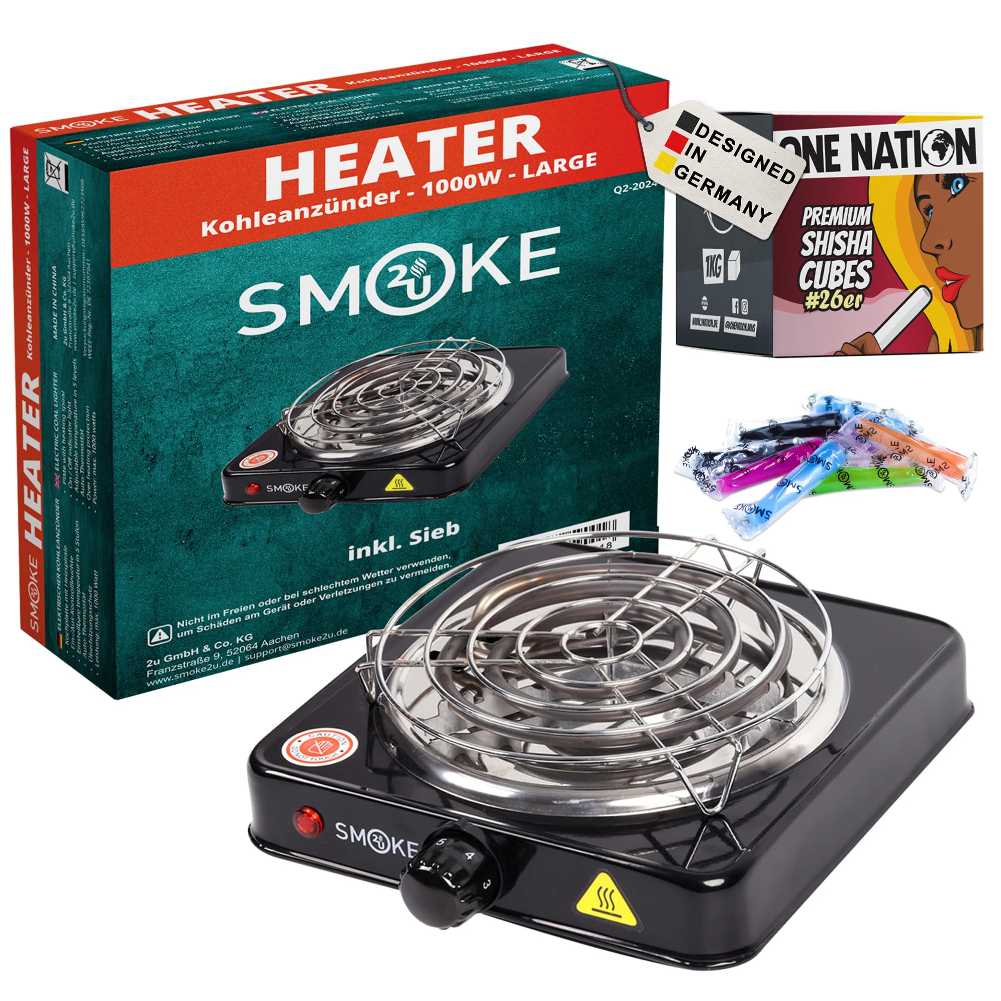 Smoke2u Hotplate Negro | Encendedor eléctrico de carbón para shisha con rejilla de carbón | calentador de 1000 W | espiral de acero inoxidable | 5 niveles de regulación | (+ 8 kg de carbón)
