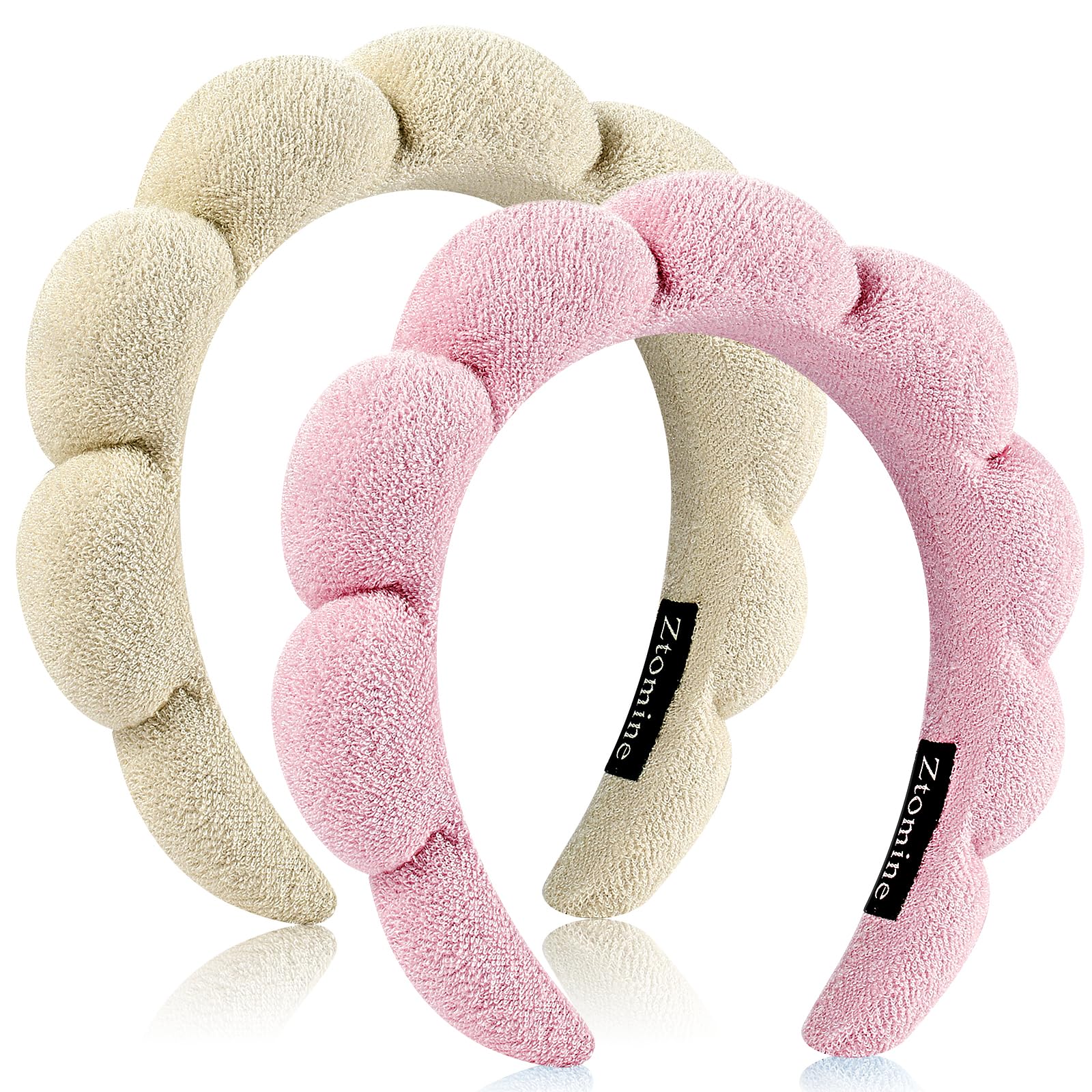 Ztomine Headband, Set of 2 - Terry Cloth Spa Headbands for Washing Face or Facial, Puffy Makeup Headbands for Face Washing, Mask - 1 Beige + 1 Pink