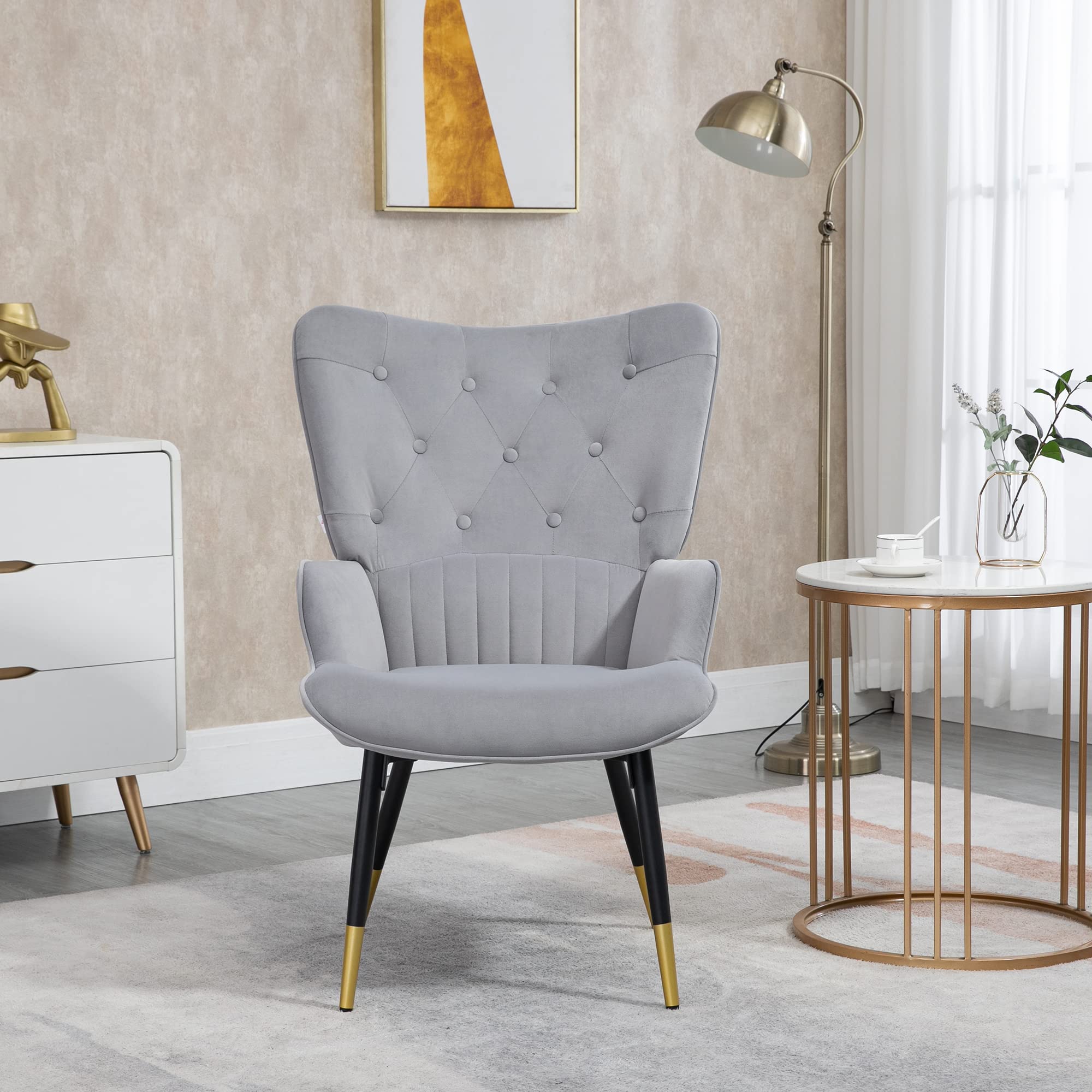 HOMCOM Sillón Individual Butaca de Dormitorio Butaca de Salón Tapizado en Terciopelo con Respaldo Alto Reposabrazos y Patas de Acero Estilo Moderno 68x72x103 cm Gris