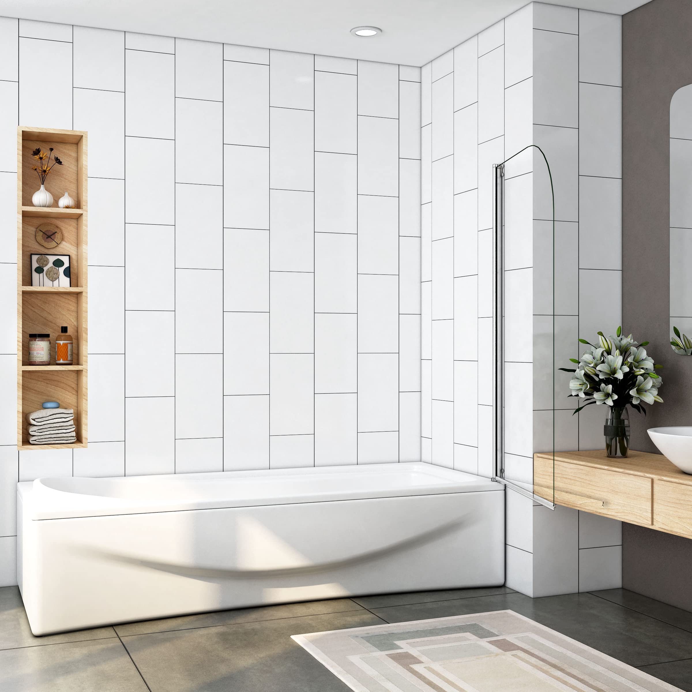H.130cm Sopravasca da Bagno Doccia Girevole 180 Gradi 70cm Vetro 5mm Cromo | Temperato Trasparente