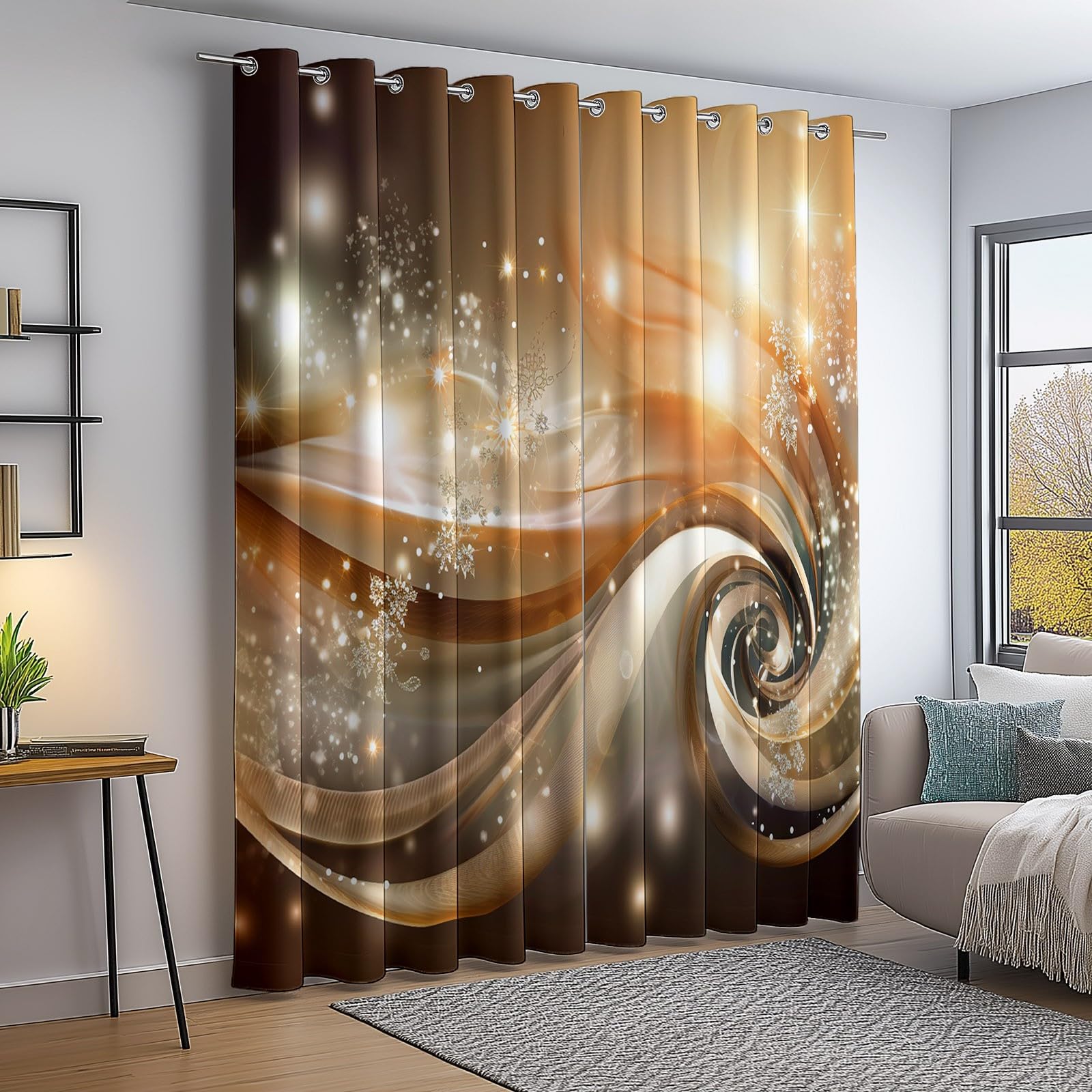 Cortina opaca térmica elegante abstracta líneas estrellas impresas para sala de estar, dormitorio, ventana, cocina, marrón, cortinas interiores con ojales, 117 x 183 cm (2 paneles)