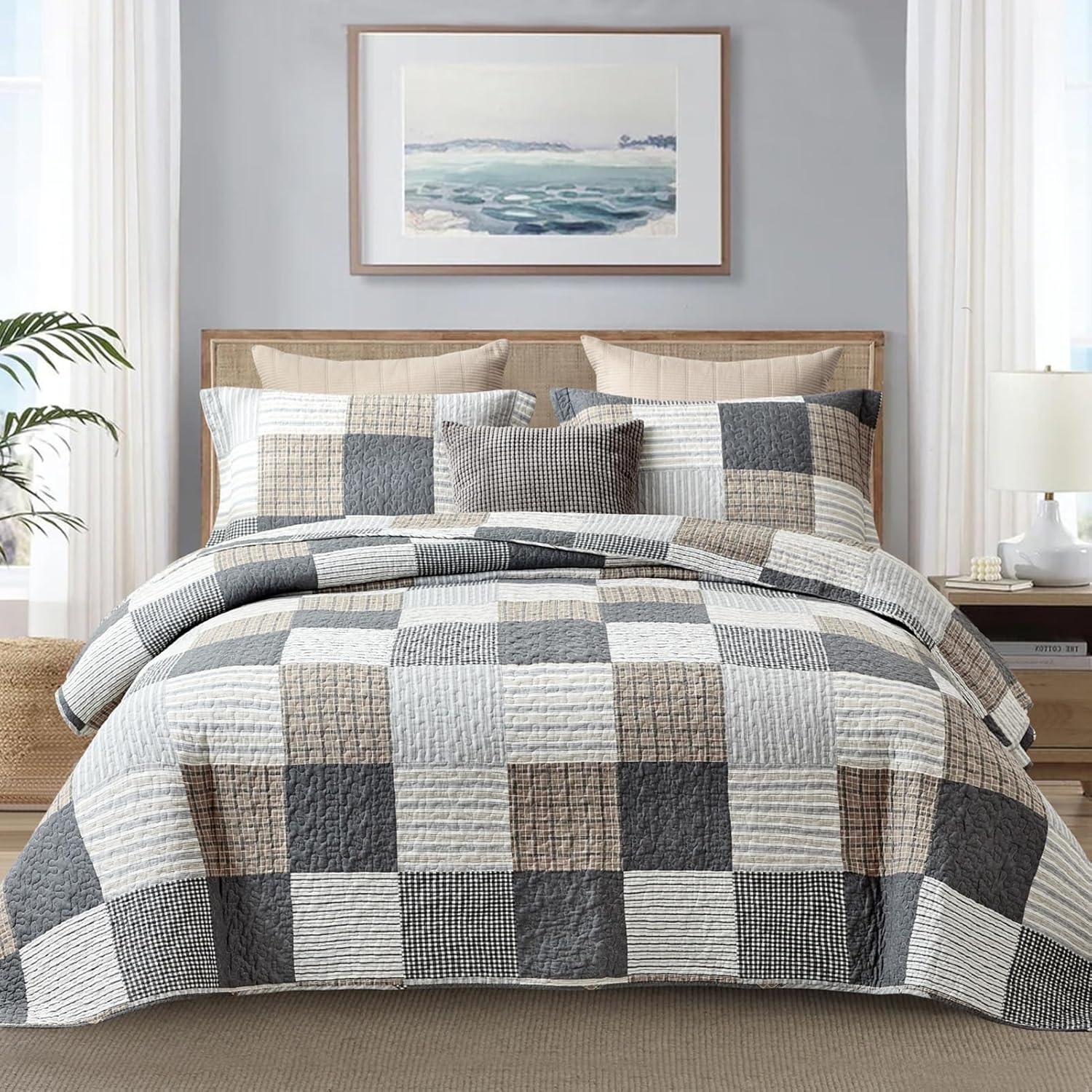 Finlonte King Quilt Bedding Set - 100% Cotton King Size Comforter, Plaid Quilted Bedspread Farmhouse Country Bed Spread, Lightweight Reversible King Quilt Sets All-Season, Gray/Brown/Black/White, 3Pcs