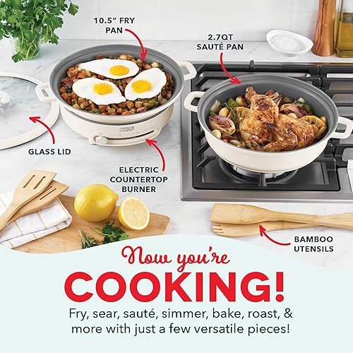 Miniatura 3 de Dash SmartStore - Juego de utensilios de cocina antiadherentes de 8 piezas con quemador eléctrico, ollas y sartenes apilables compactas con tapas,