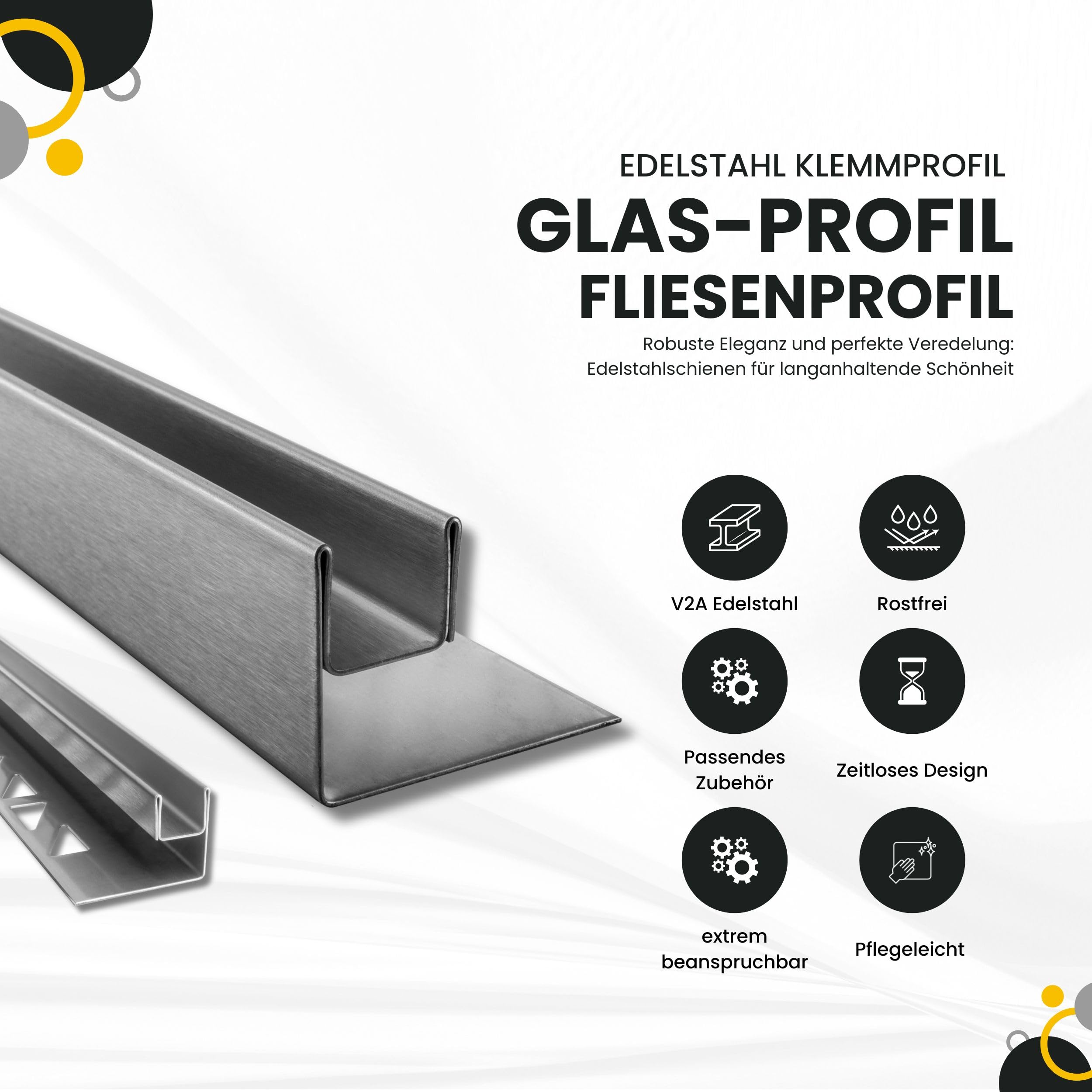 Glas-Fliesenprofil Edelstahl Klemmprofil Wandprofil V2A 2,5m H26,5mm 11mm Glas gebürstet