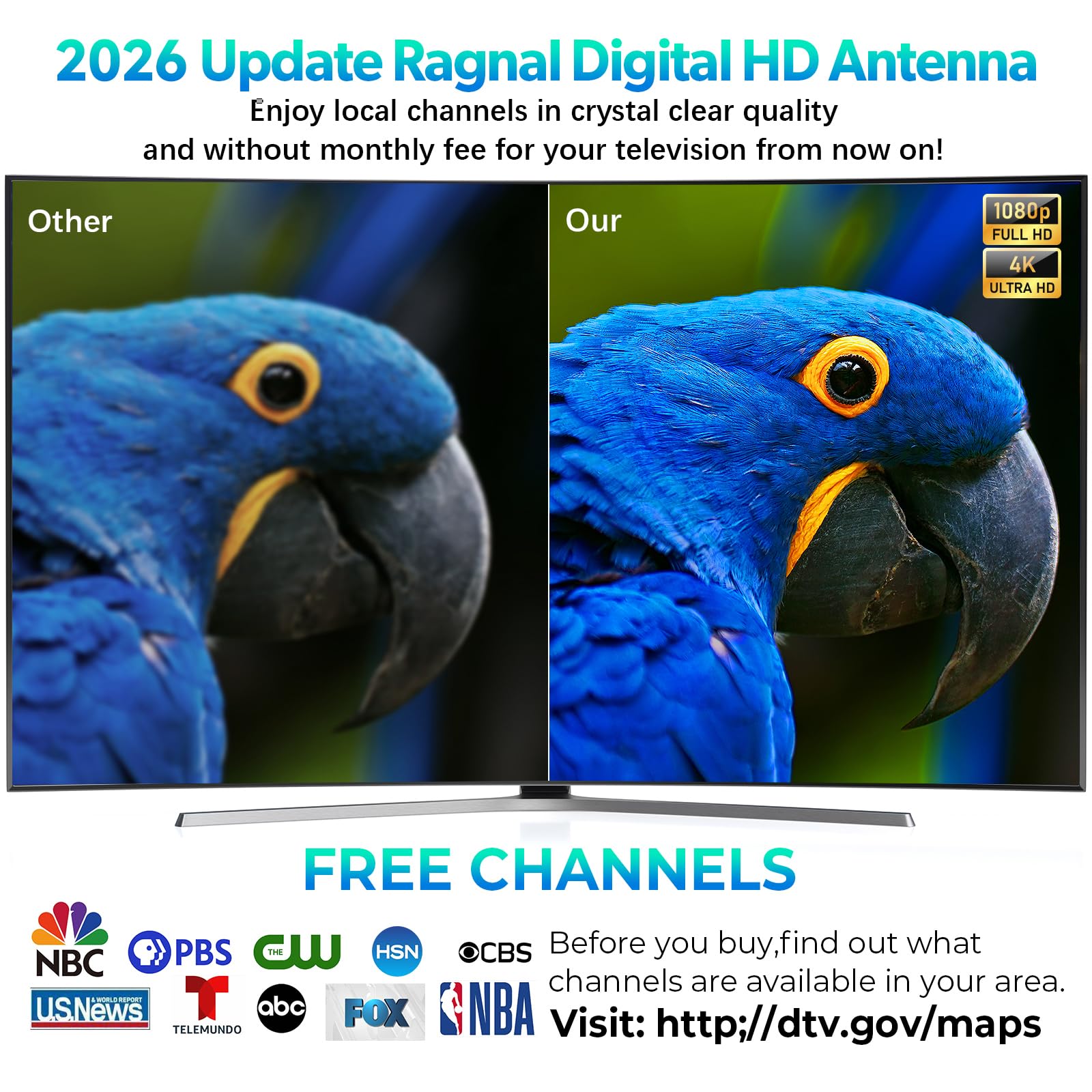 Antenna Digitale per Canali Locali, Antenna TV per Smart TV | Antenna digitale per canali locali, 4K 8K 1080p HD con amplificatore di segnale, cavo coassiale da 4 m