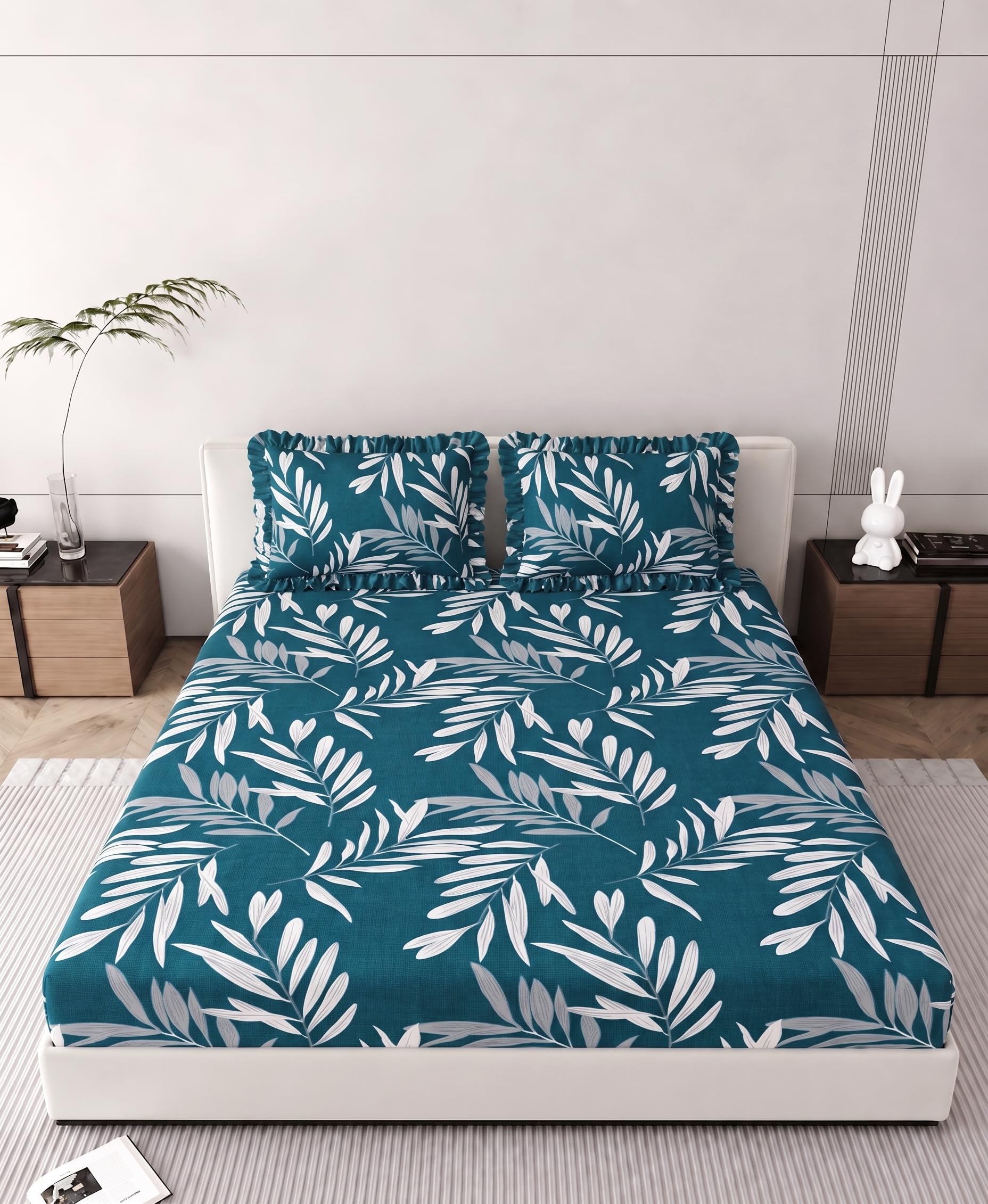 210 TC Cotton Feel Glace Cotton Elastic Fitted Tropical Leaf Printed King Size Double Bed Bedsheet with 2 Frill Pillow Covers, 360° All Around Elastic, Wrinkle Resistant, Teal Blue-image-2
