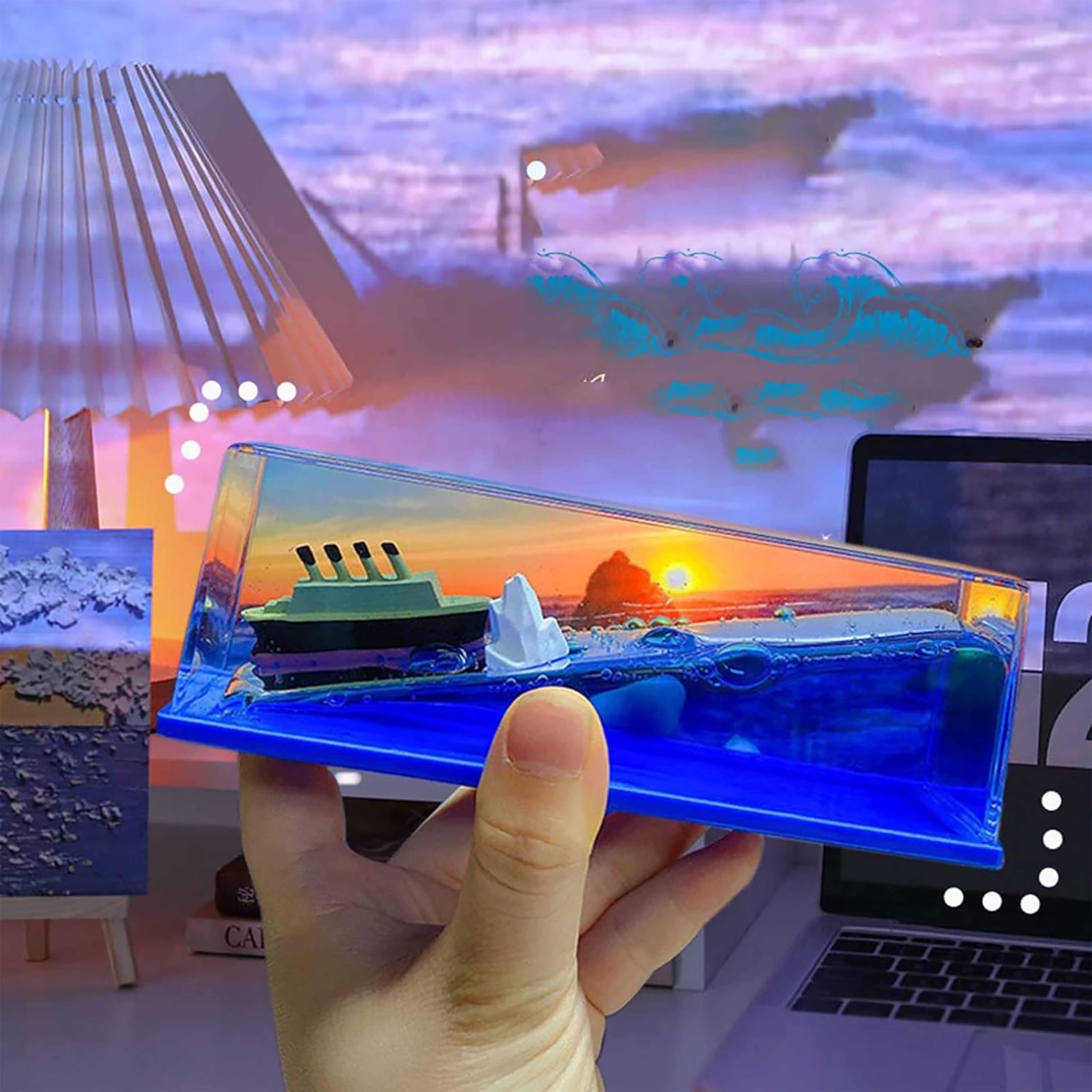 Floating Cruise Ship for Decoration Fluid Drift Bottle, Cruise Ship That Never Sinks Decoration, Cruise Ship Iceberg Home Decor Acrylic Cruise Ship Mode Fluid Drift Bottle