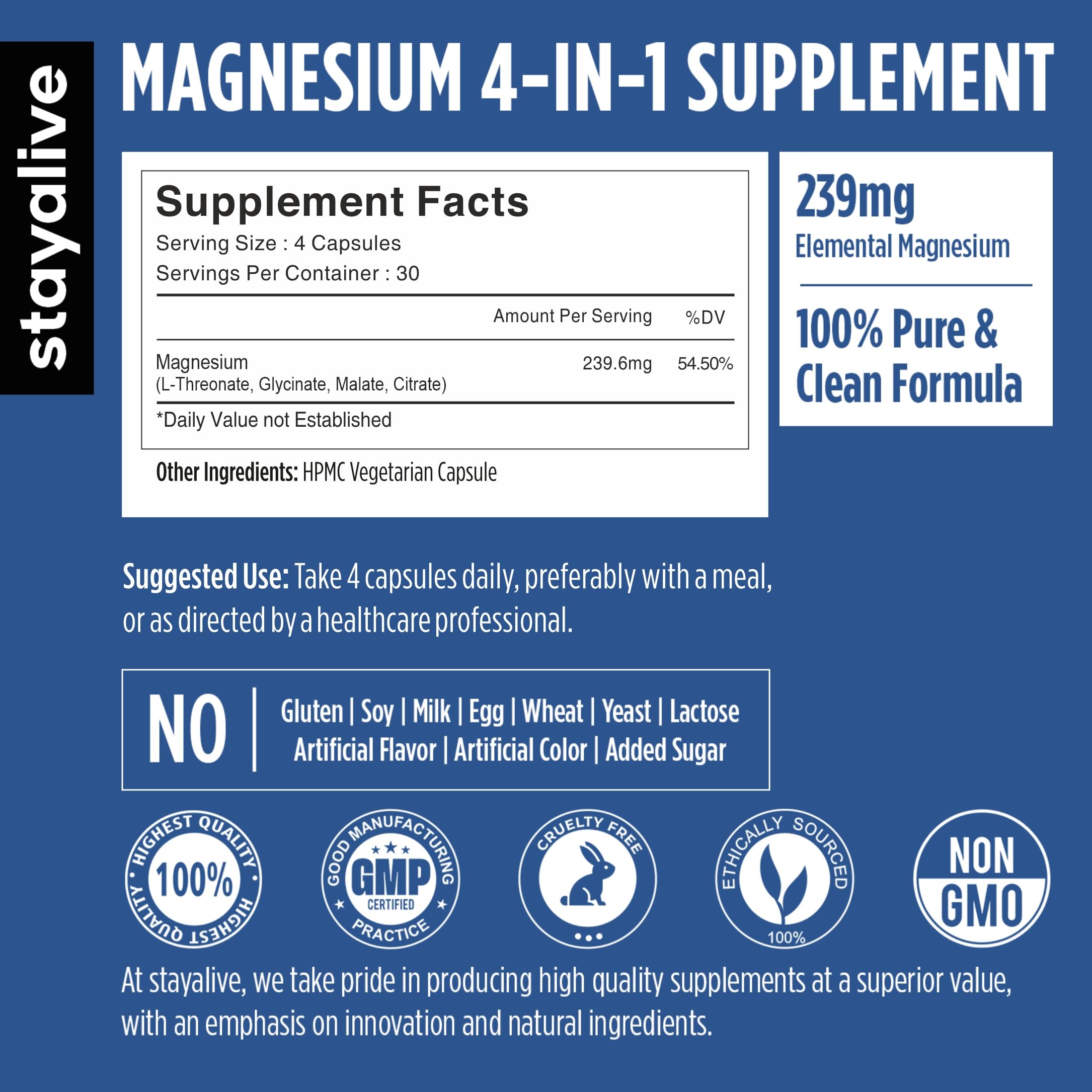 STAY ALIVE Magnesium L-Threonate Complex w/Citrate, Malate & Glycinate | Supports Brain Health, Memory & Better Sleep | Non-GMO & Gluten-Free Magnesium Supplement For Men & Women| 120 Capsules