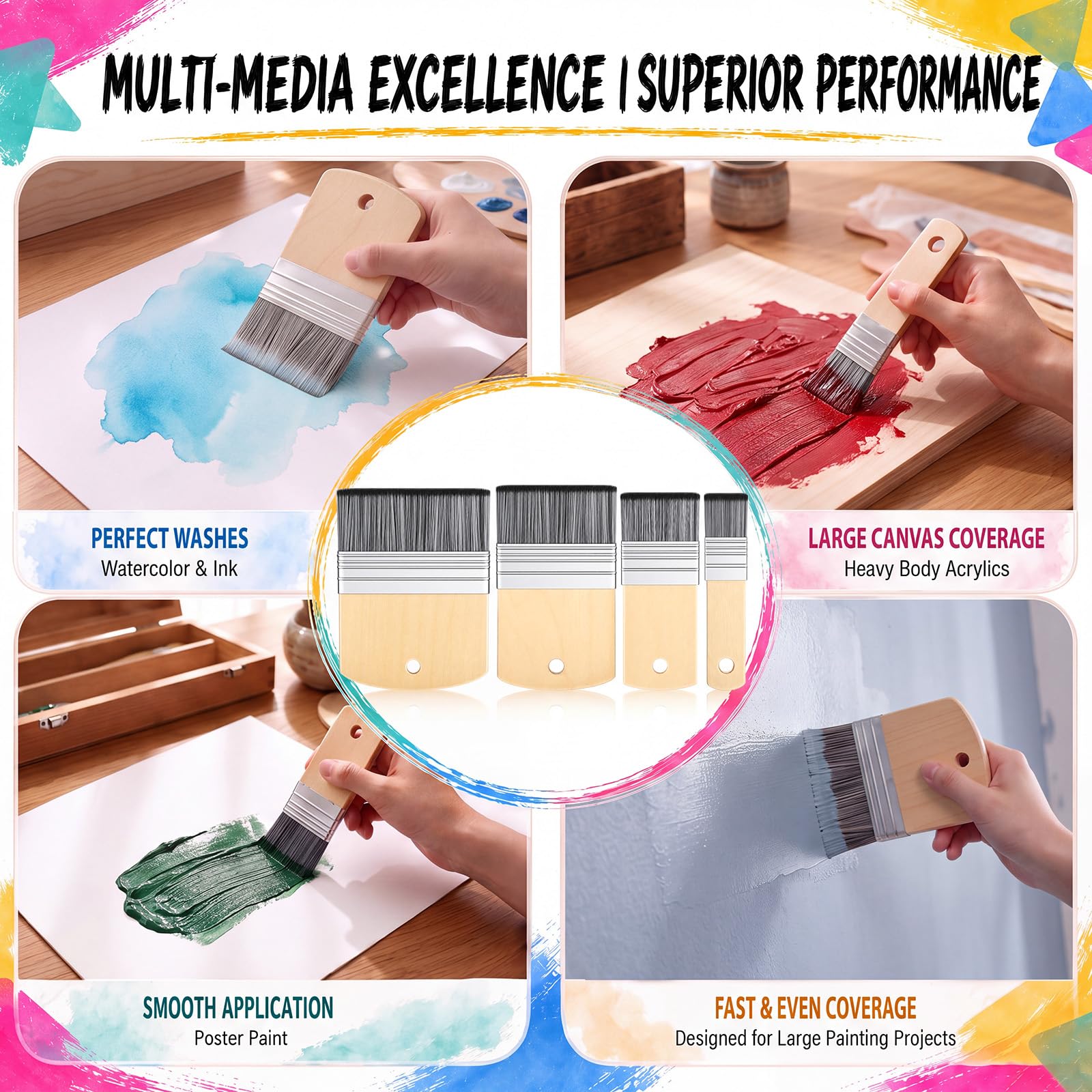 Colarr Set di 4 pennelli piatti piatti con manico in legno di betulla, pennelli per pittura acrilica, olio, guazzo e tela, 2,5 cm, 5,1 cm, 7,6 cm, 10,2 cm