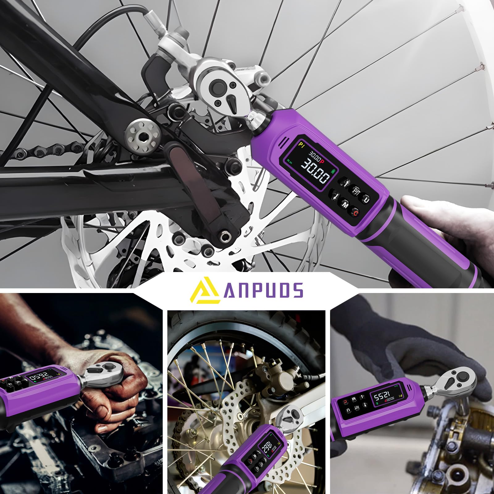 ANPUDS Chiave Dinamometrica Digitale 1/4", 0.45-30 Nm, ±1% Precisione | con Maniglia Vibrante, Cicalino e LED, Coppia a Doppia Direzione, per Bici da Strada e Montagna, Moto(Viola)