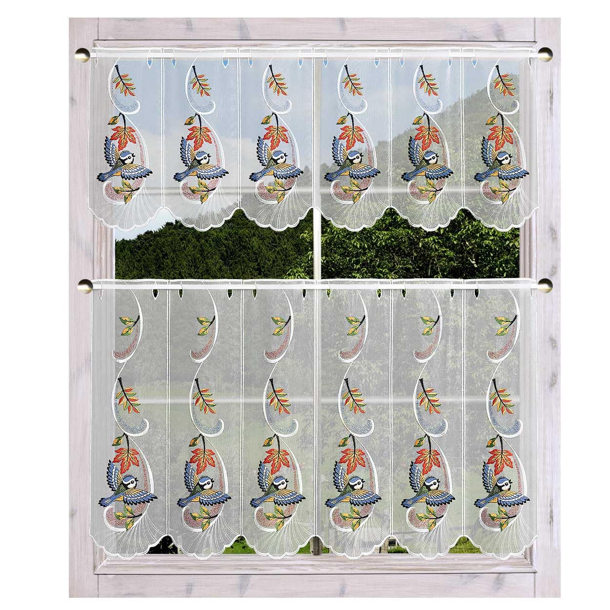 Fröhliche Scheibengardine Herbstwind mit Blaumeise | Panneaux Plauener Spitze | Bunte Kurzgardine Bestickt mit Naturmotiv Goldener Herbst und tanzendes Herbstlaub | Fensterdeko 2 Höhen, viele Breiten